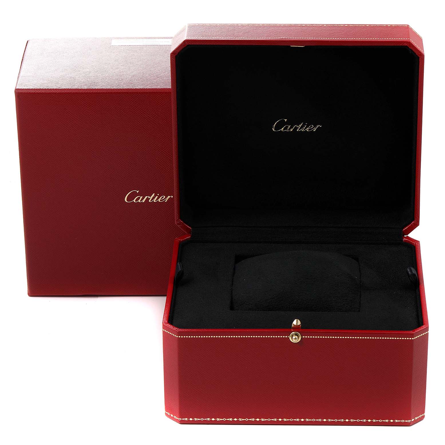 This image shows an open Cartier Tank Anglaise WT100013 Women's Rose Gold Silver Dial WT100013 Women's Rose Gold Silver Dial watch box with a red exterior and a black interior.