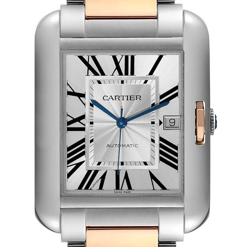 The image shows a close-up of the Cartier Tank Anglaise watch face, featuring Roman numerals and a date window.