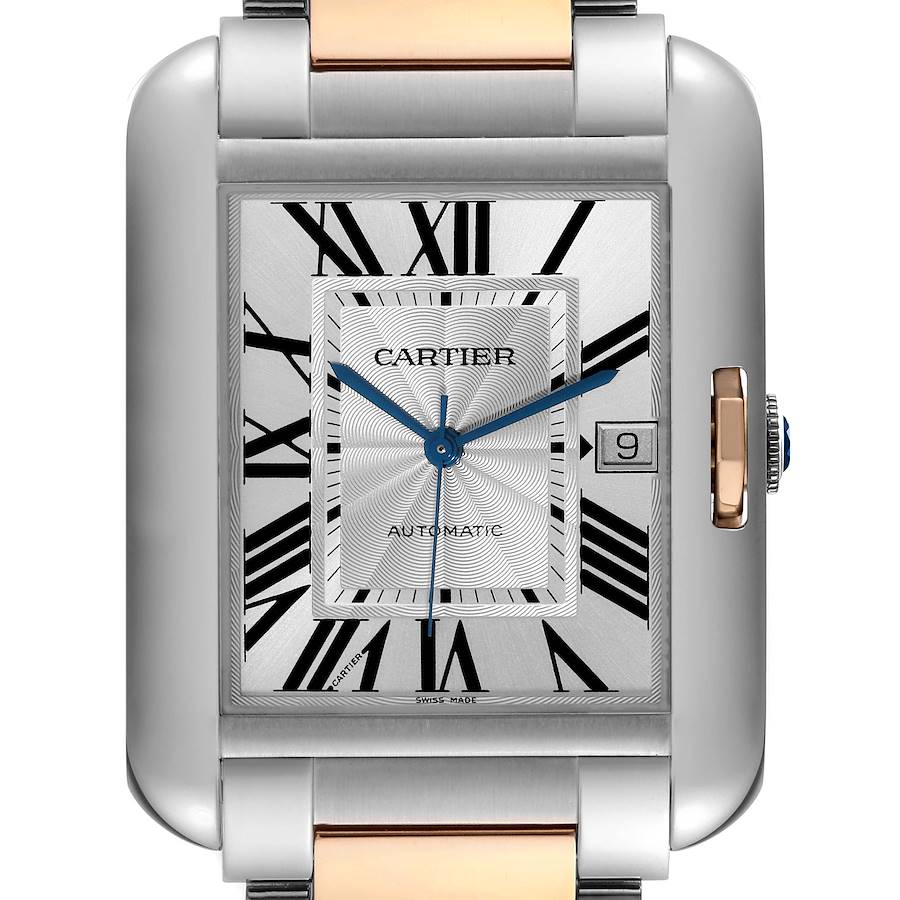 The Cartier Tank Anglaise watch is shown from the front, highlighting the dial, hands, and part of the case.