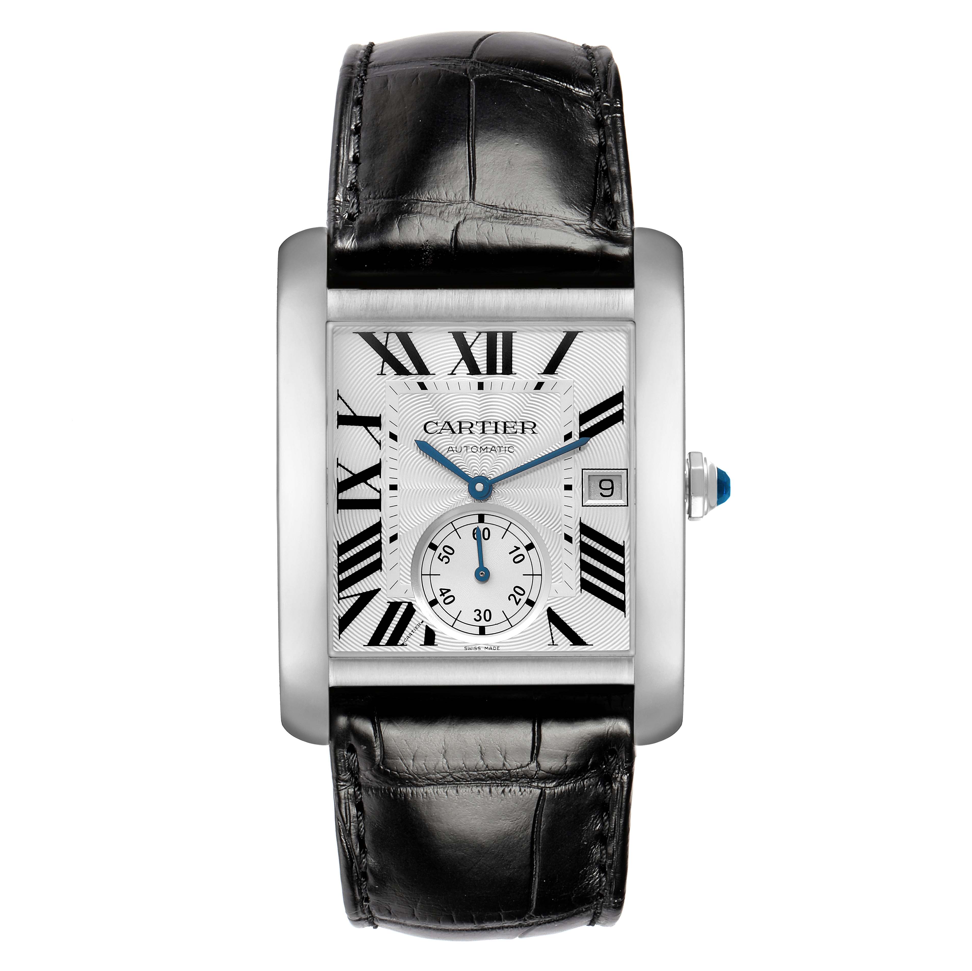 The Cartier Tank MC W5330003 Men
s Stainless Steel Silver Dial watch is shown from a top view, displaying the face, Roman numerals, sub-dial, date, and leather strap.