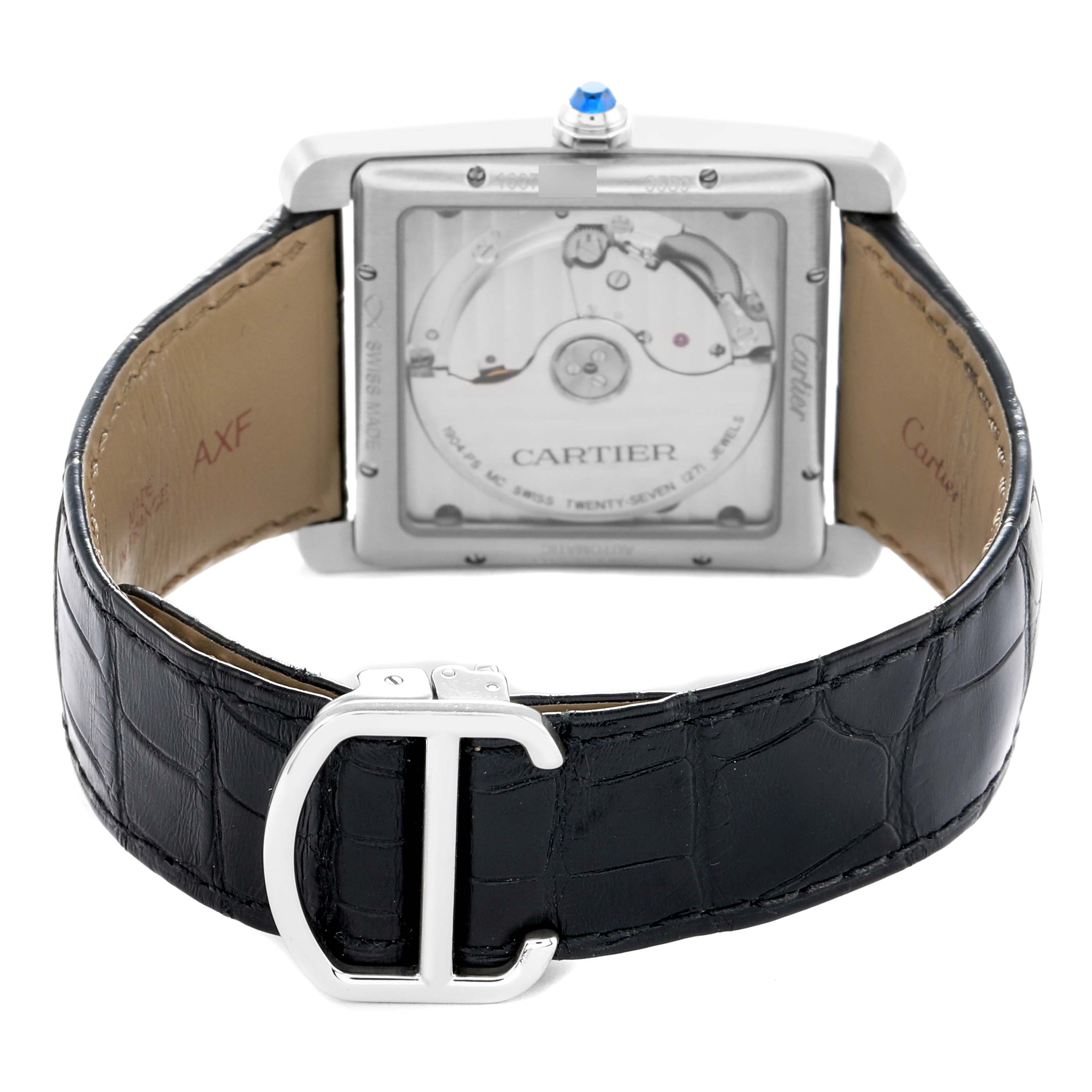 The image shows the back of the Cartier Tank MC W5330003 Men
s Stainless Steel Silver Dial watch, highlighting the movement and leather strap.