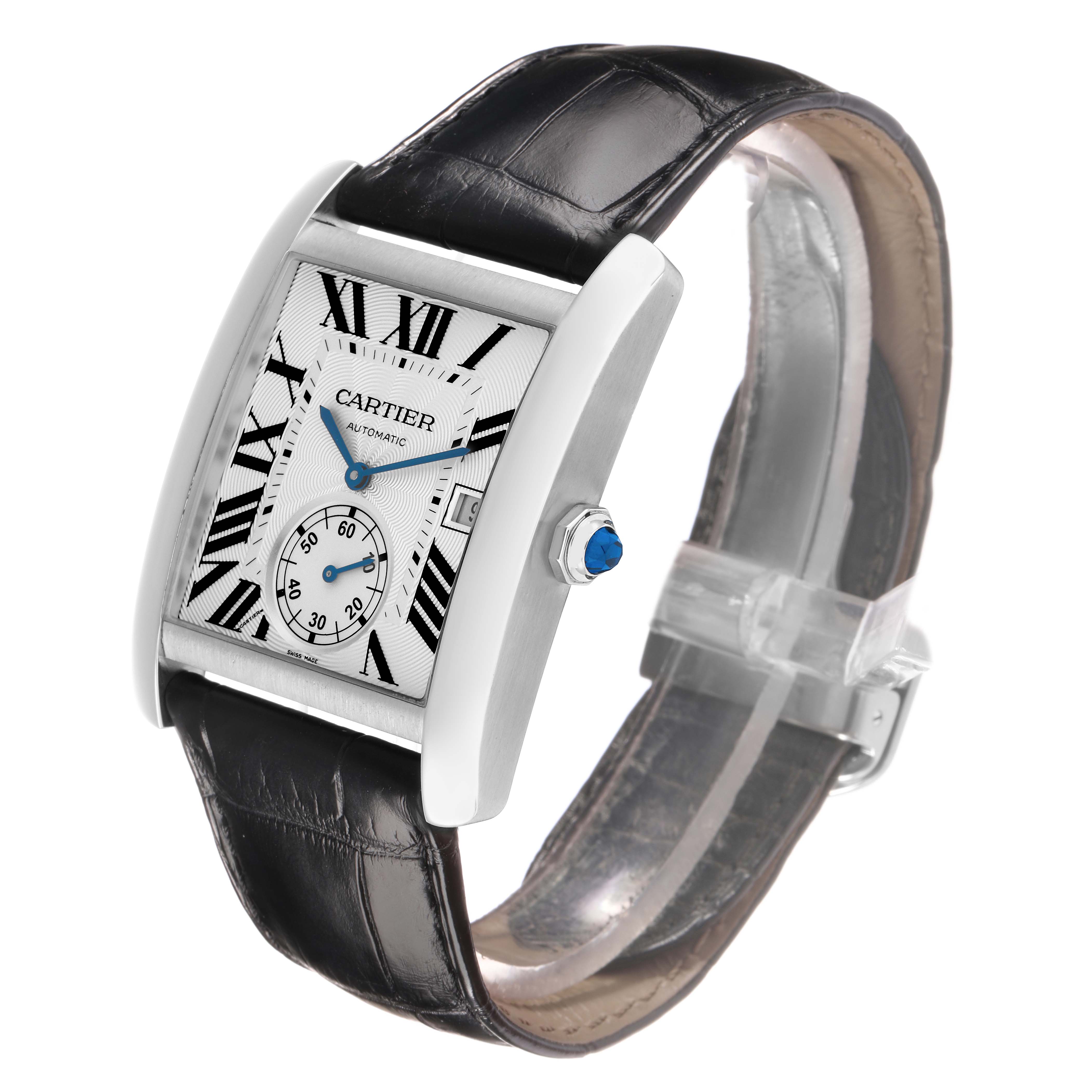 The Cartier Tank MC W5330003 Men
s Stainless Steel Silver Dial watch is shown at a slight angle, displaying the face, crown, leather strap, and Roman numeral dial.