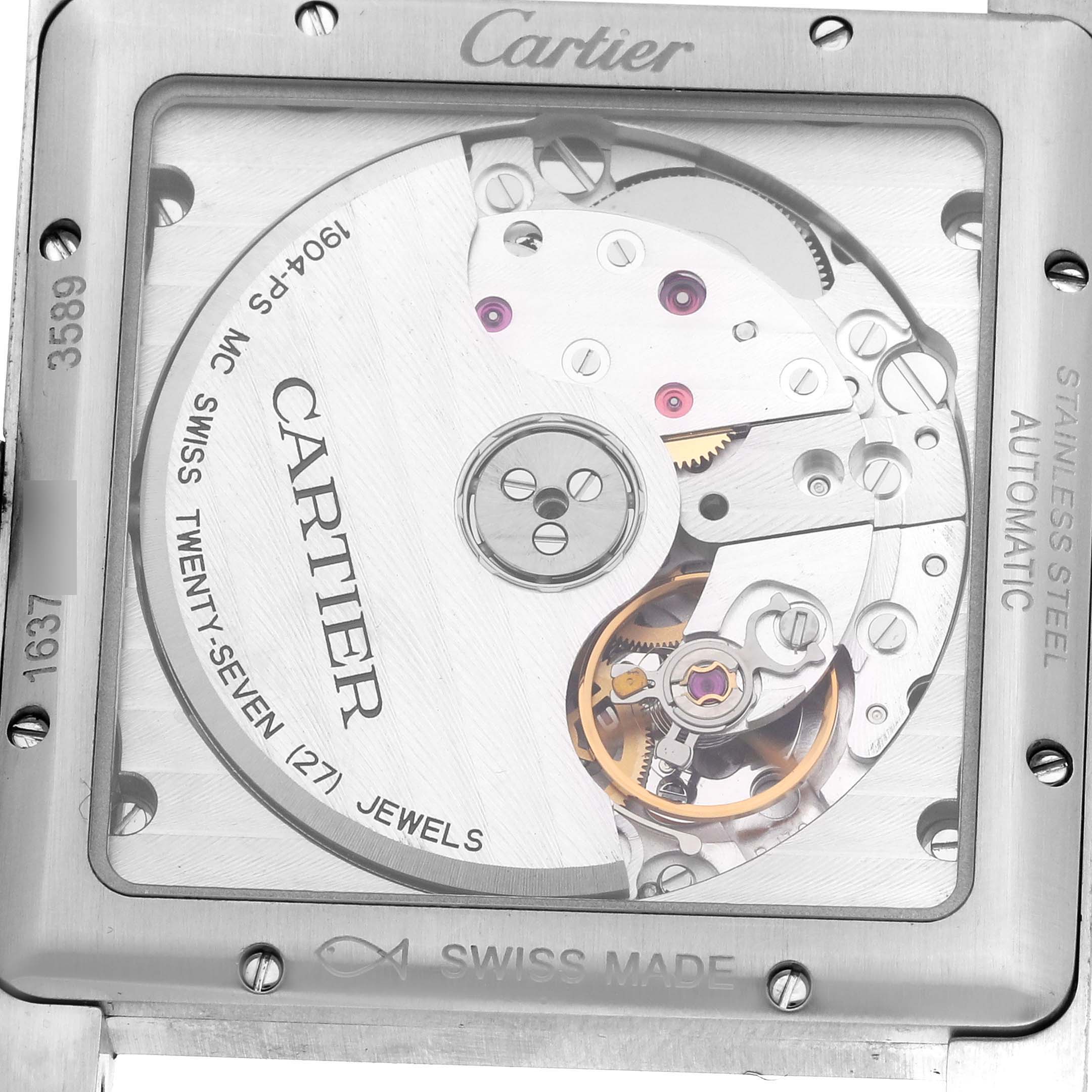 The Cartier Tank MC W5330003 Men
s Stainless Steel Silver Dial watch is shown from the back, displaying the automatic movement and "Swiss Made" details.