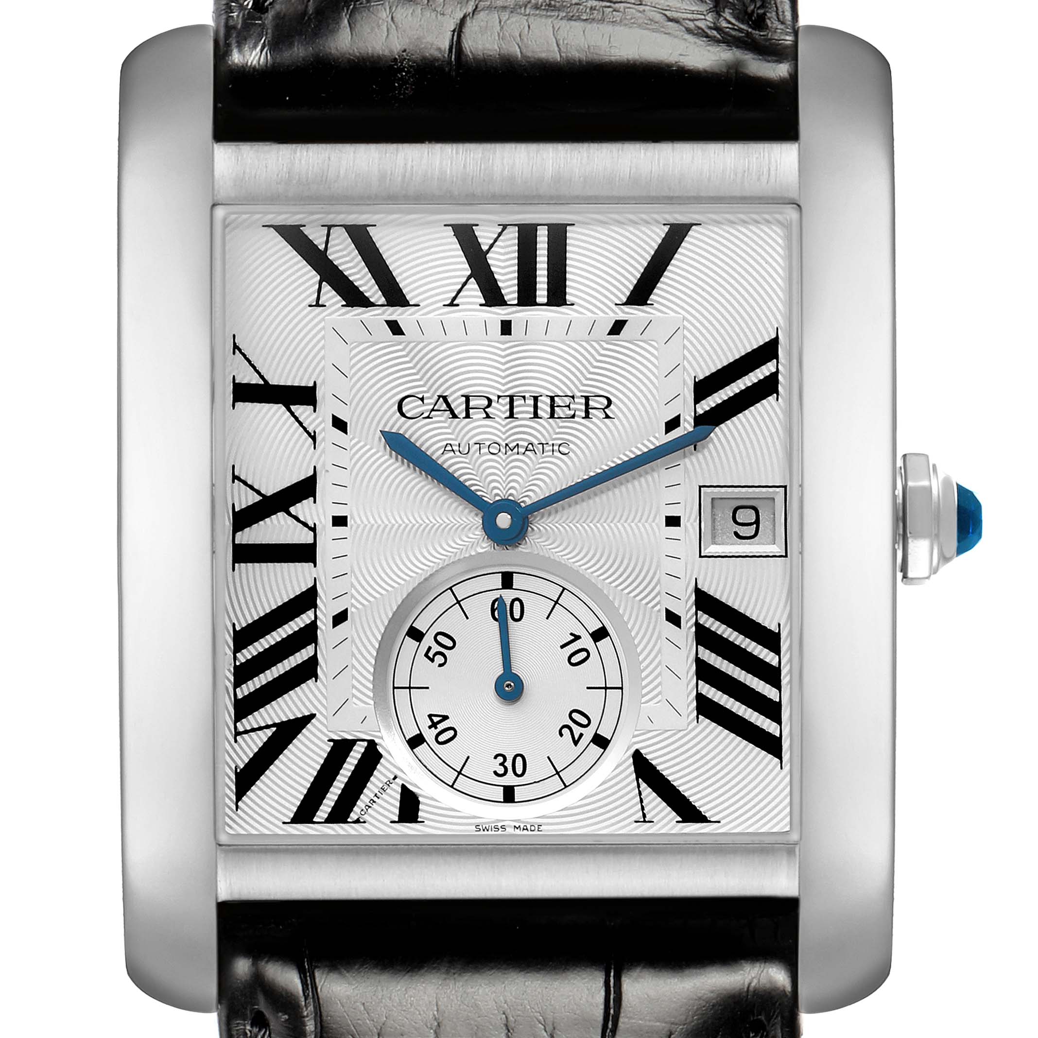 The Cartier Tank MC W5330003 Men
s Stainless Steel Silver Dial watch is shown front-on, displaying the dial, Roman numerals, sub-dial, and date window.