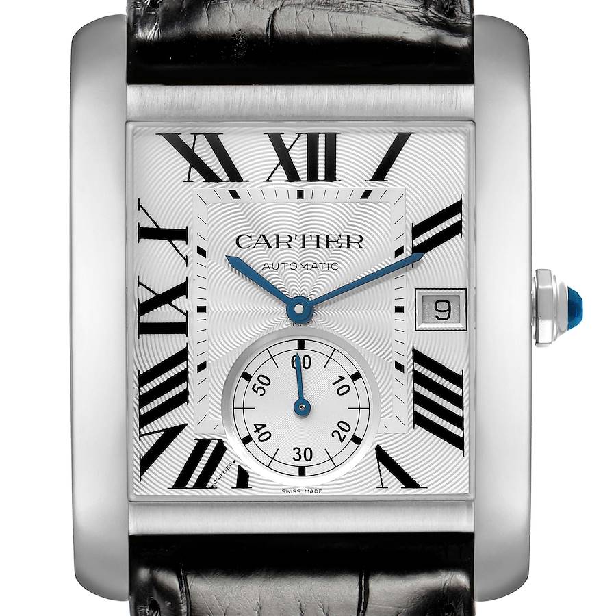 The Cartier Tank MC W5330003 Men's Stainless Steel Silver Dial watch is shown front-on, displaying the dial, Roman numerals, sub-dial, and date window.
