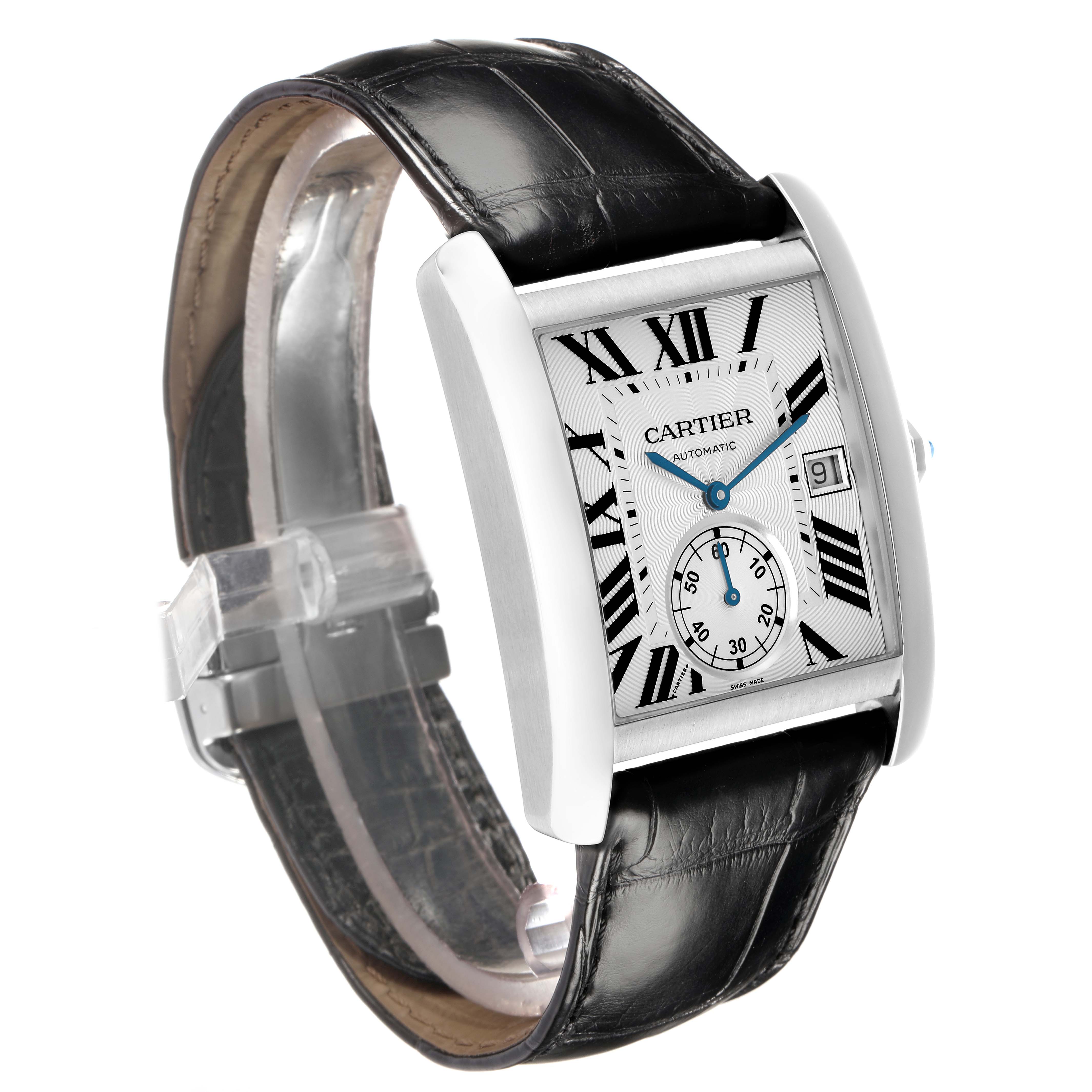 The Cartier Tank MC W5330003 Men
s Stainless Steel Silver Dial watch is shown at a slight angle, highlighting the face, Roman numerals, and black leather strap.