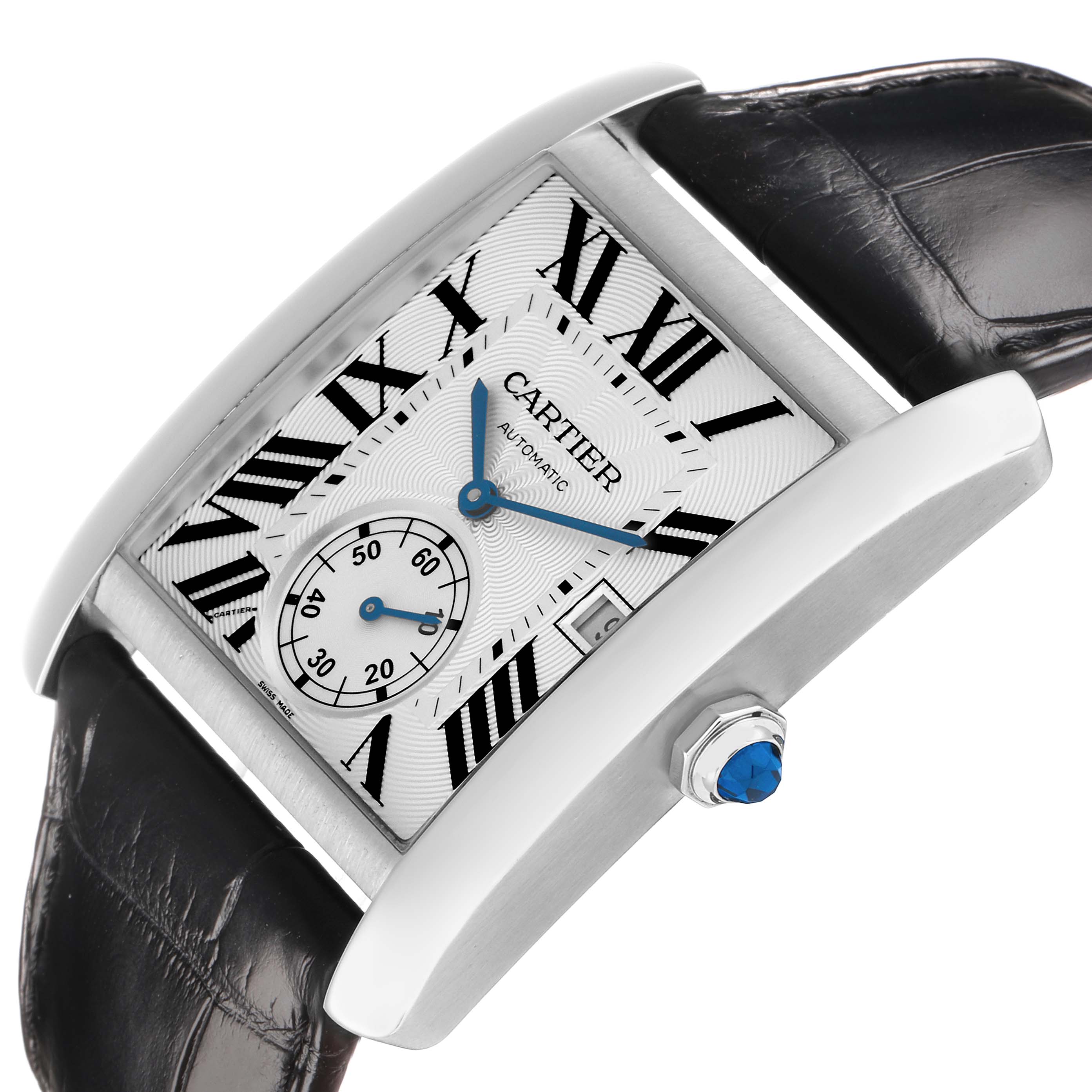 The Cartier Tank MC W5330003 Men
s Stainless Steel Silver Dial watch is shown at a three-quarter angle, highlighting its face, crown, and leather strap.