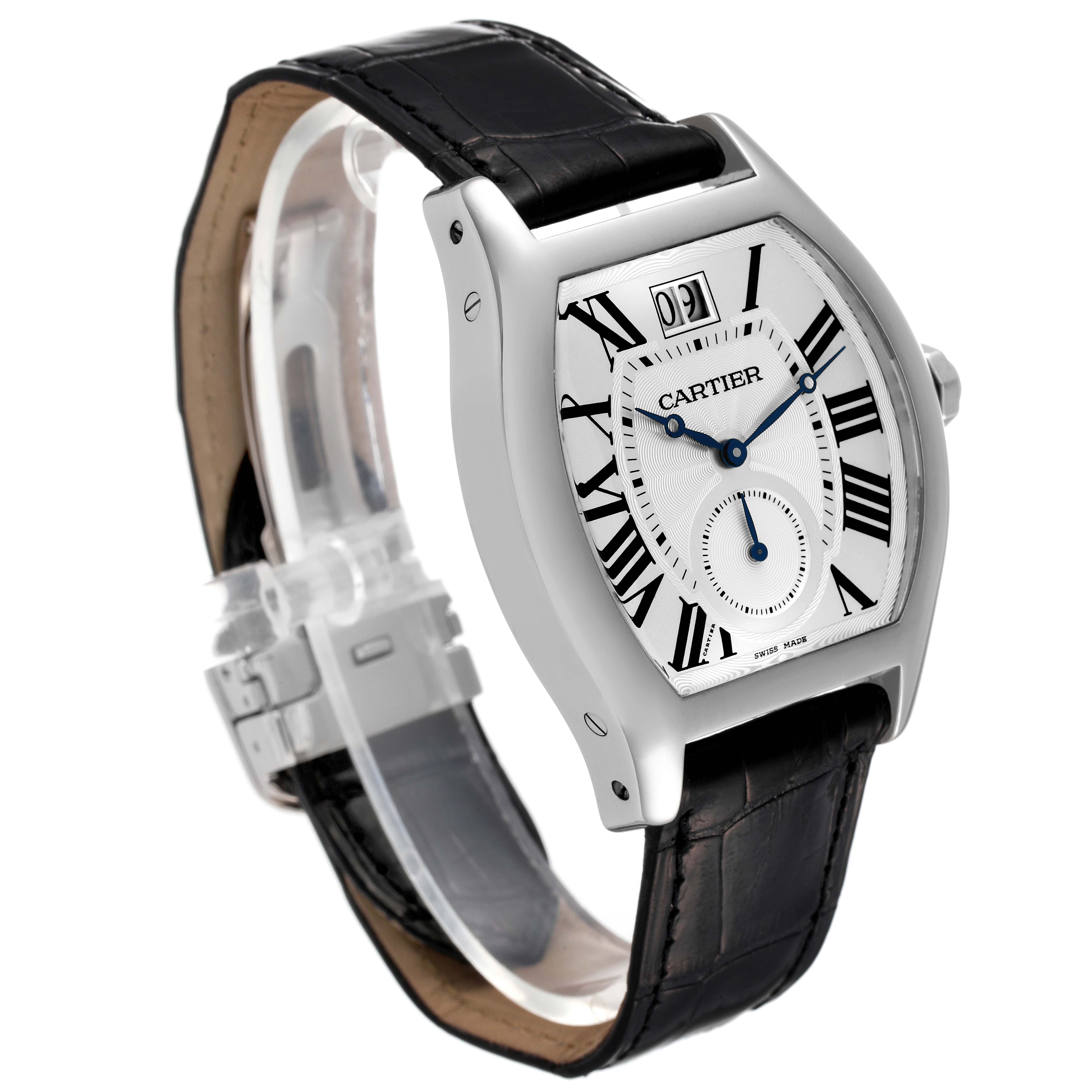 The image shows a Cartier Tortue W1556233 Men's White Gold Silver Dial W1556233 Men's White Gold Silver Dial model watch from a slight side angle, highlighting the face, case, and strap.