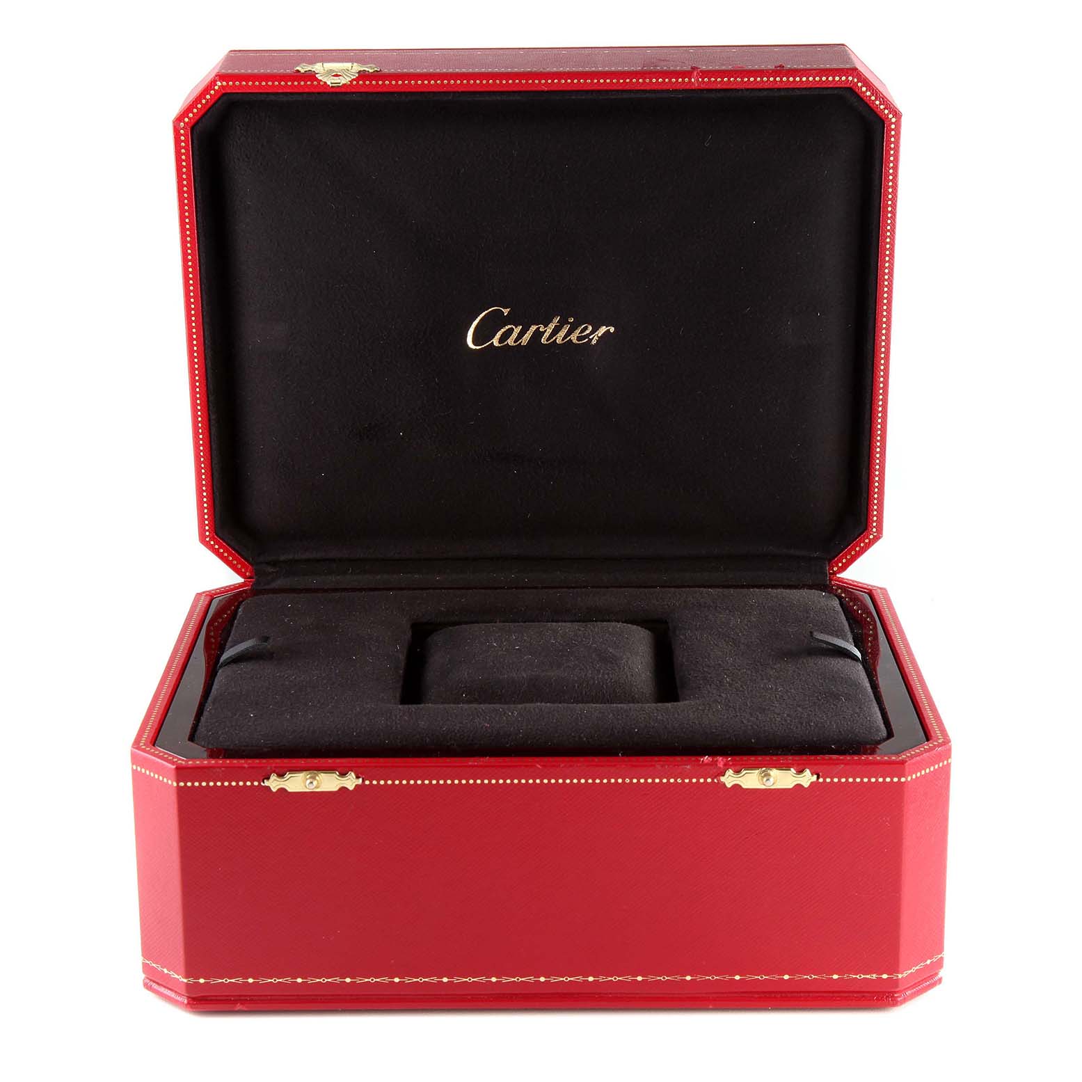 This image shows an open red presentation box for a Cartier Tortue W1556233 Men's White Gold Silver Dial W1556233 Men's White Gold Silver Dial watch, displaying the brand's logo inside the lid.