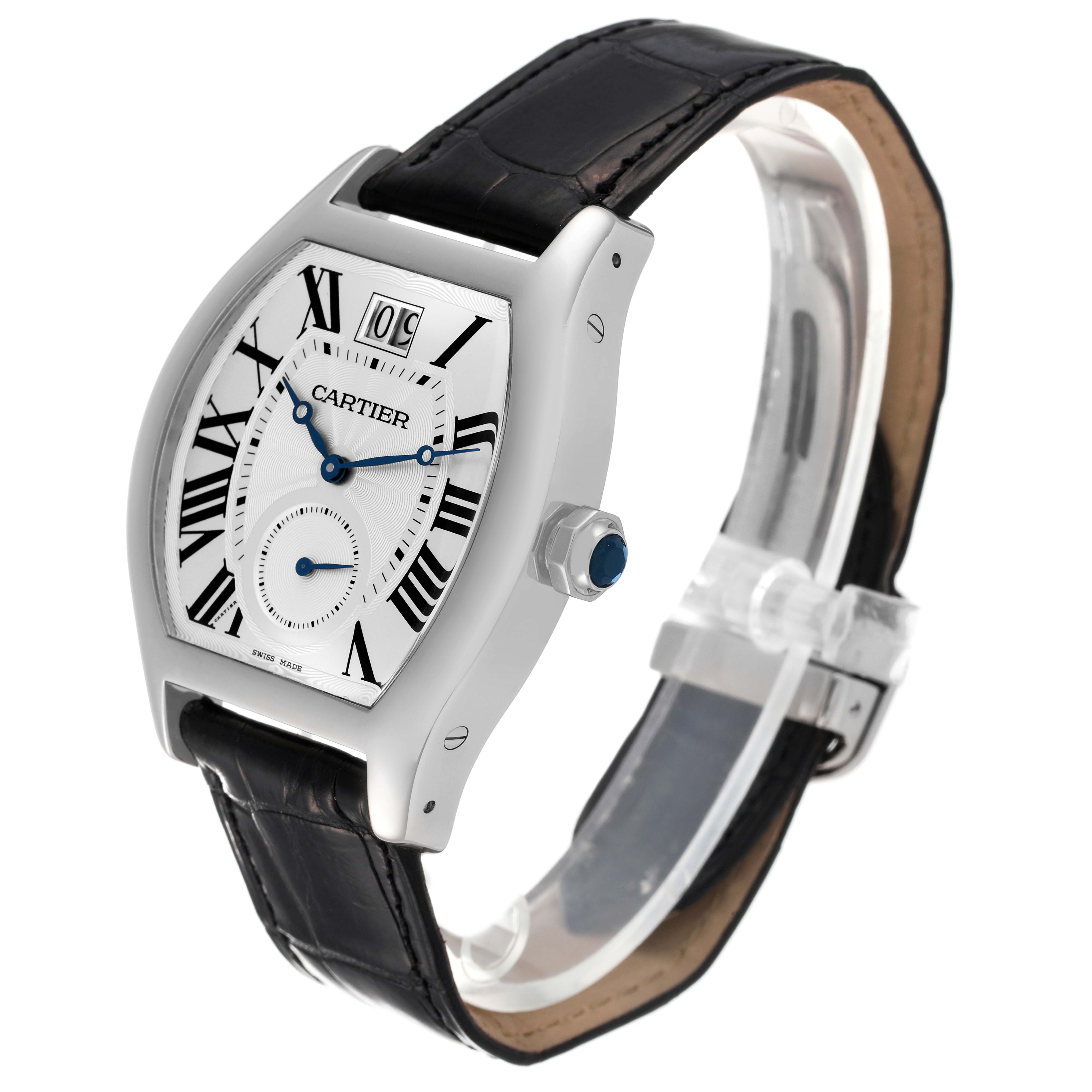 The image shows a Cartier Tortue W1556233 Men's White Gold Silver Dial W1556233 Men's White Gold Silver Dial watch at a slight angle, highlighting the face, bezel, crown, and black leather strap.