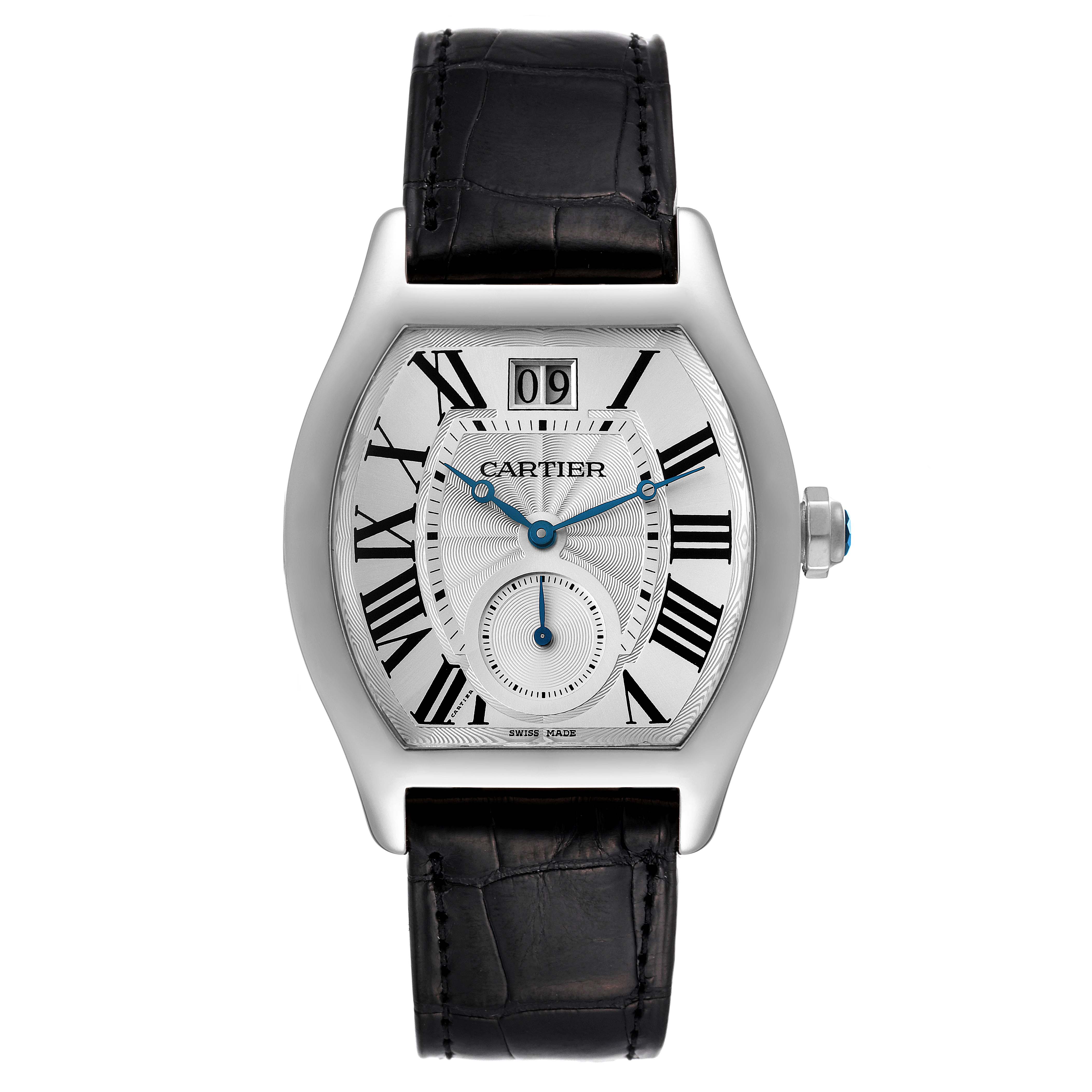 The image shows a front view of the Cartier Tortue W1556233 Men's White Gold Silver Dial W1556233 Men's White Gold Silver Dial watch, highlighting its dial, hands, strap, and crown.