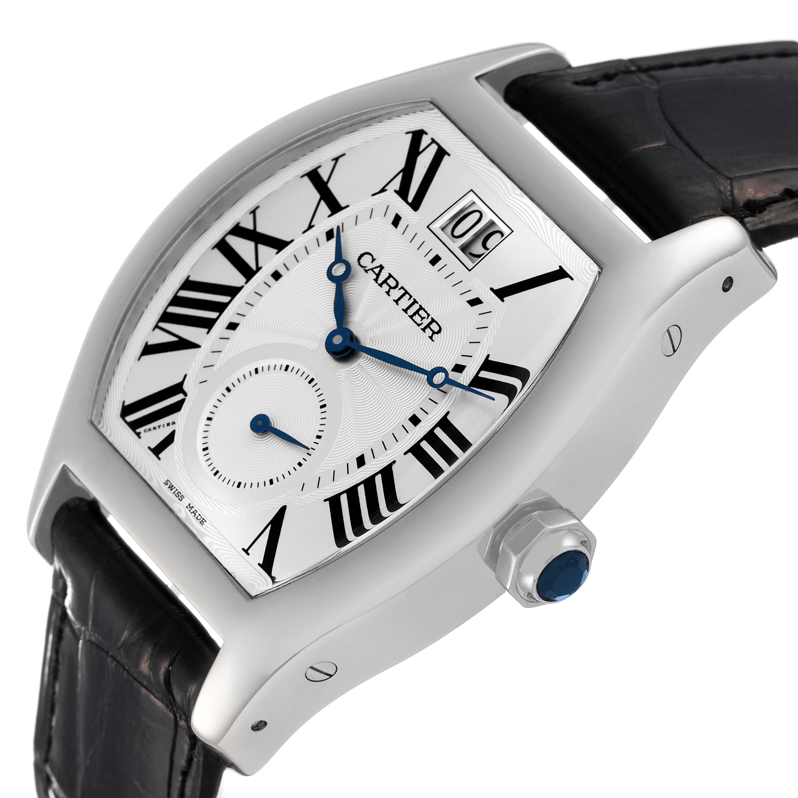 The Cartier Tortue W1556233 Men's White Gold Silver Dial W1556233 Men's White Gold Silver Dial watch is shown at a three-quarter angle highlighting the dial, bezel, strap, and crown.