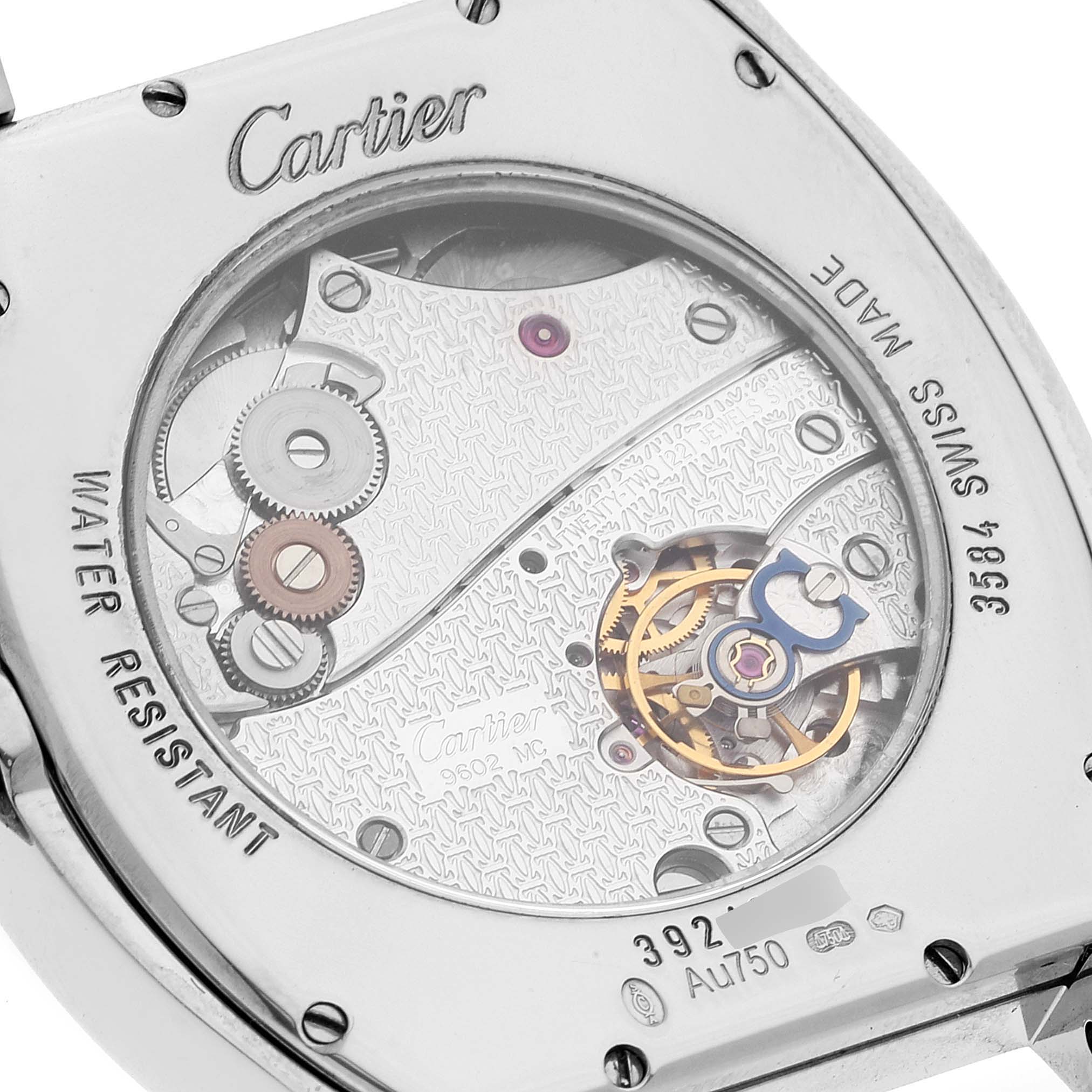 This is a close-up of the movement and back case of the Cartier Tortue W1556233 Men's White Gold Silver Dial W1556233 Men's White Gold Silver Dial watch.