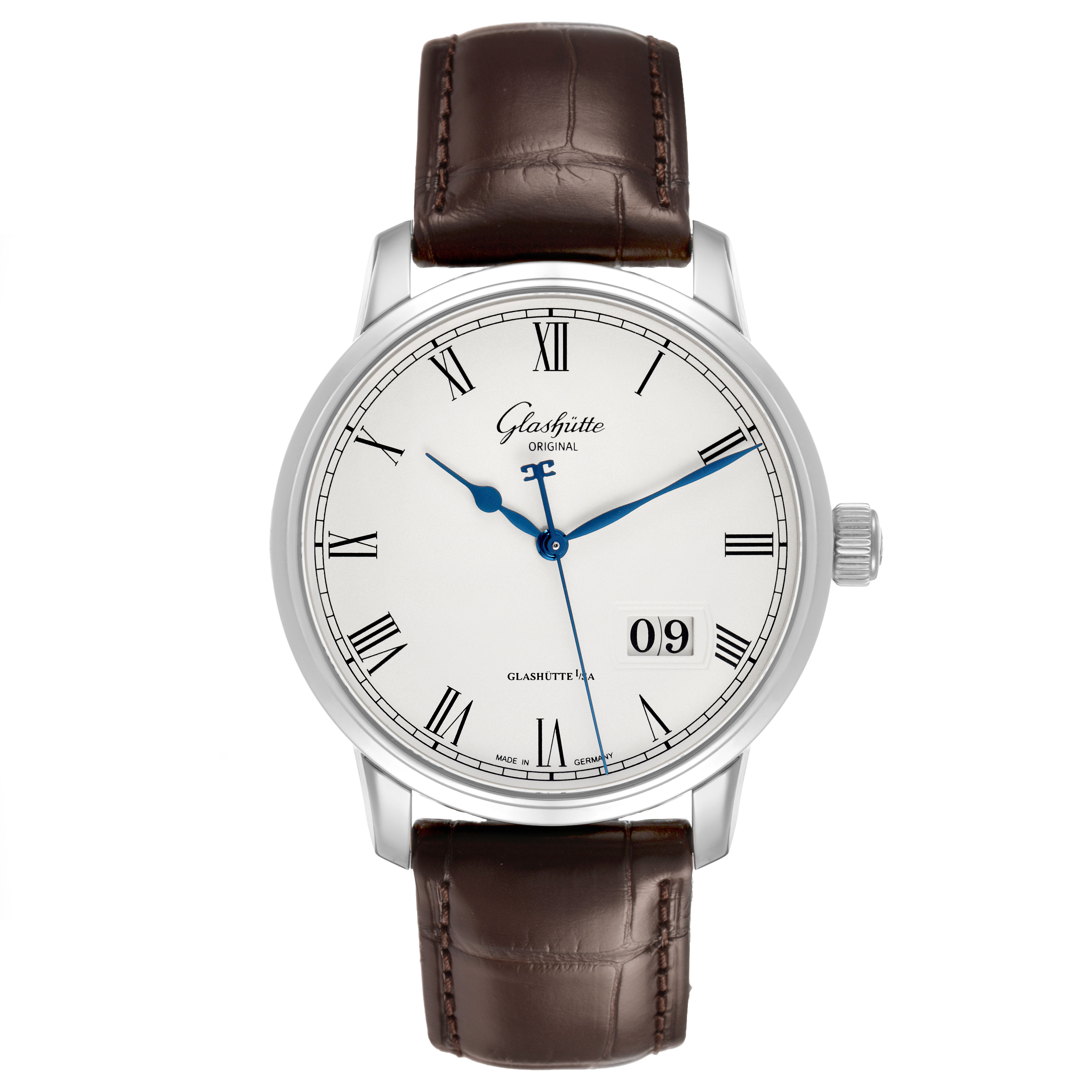 The Glashütte Senator model watch is shown from the front, highlighting its dial, blue hands, Roman numerals, and leather strap.