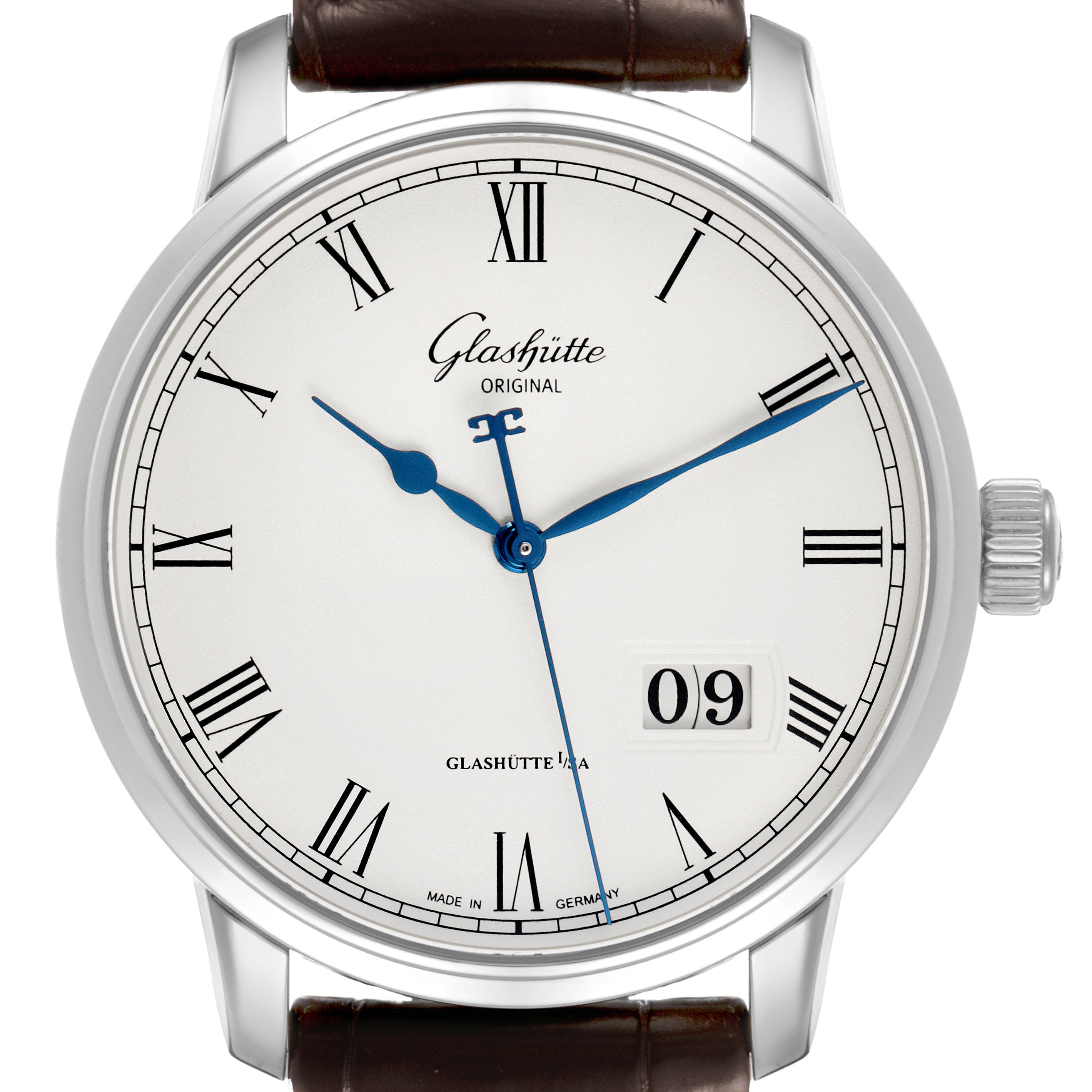 The image shows a Glashütte Senator model watch from a front angle, displaying the dial, Roman numerals, and date window.