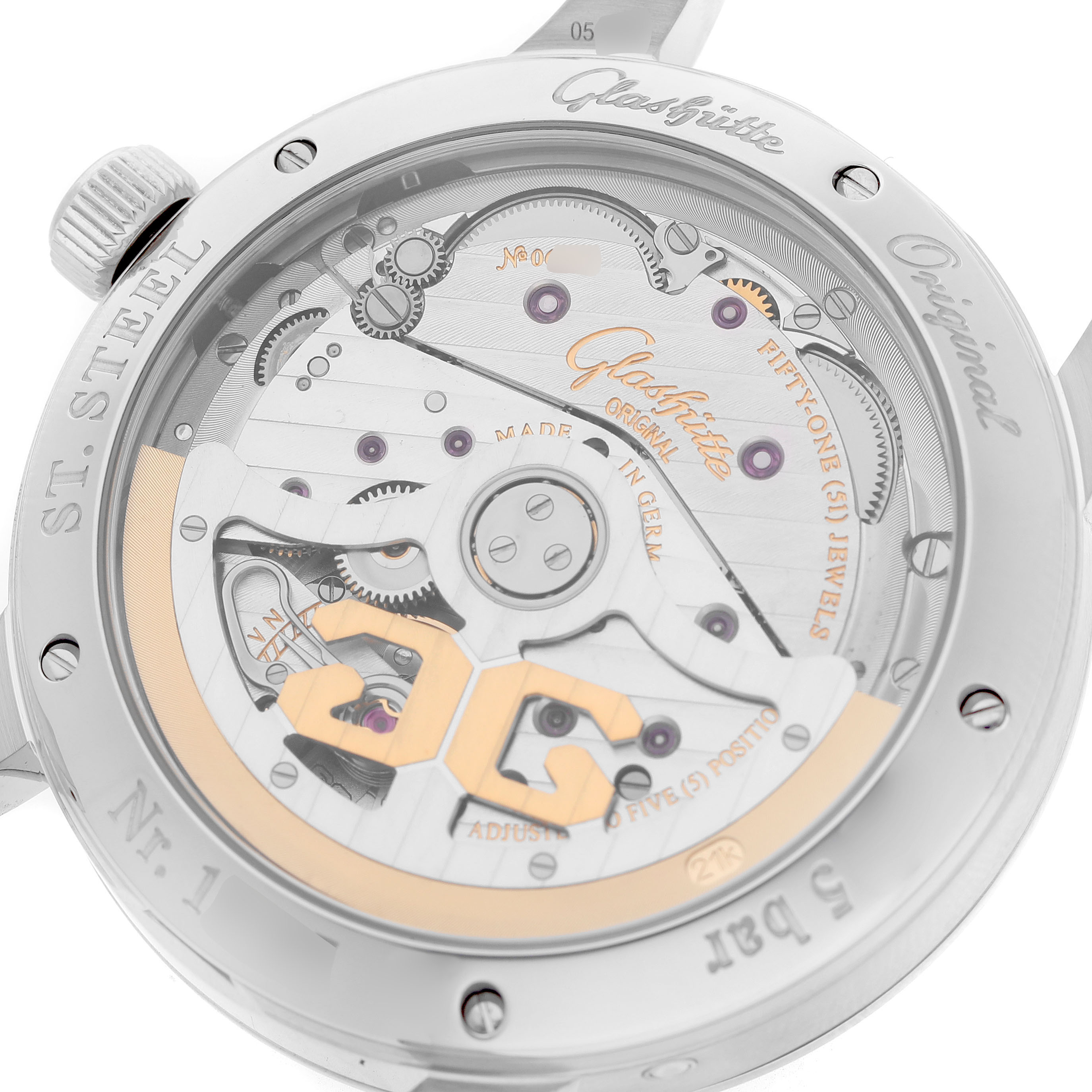 The image shows the rear view of the Glashütte Senator watch, highlighting the intricate movement and mechanical components.