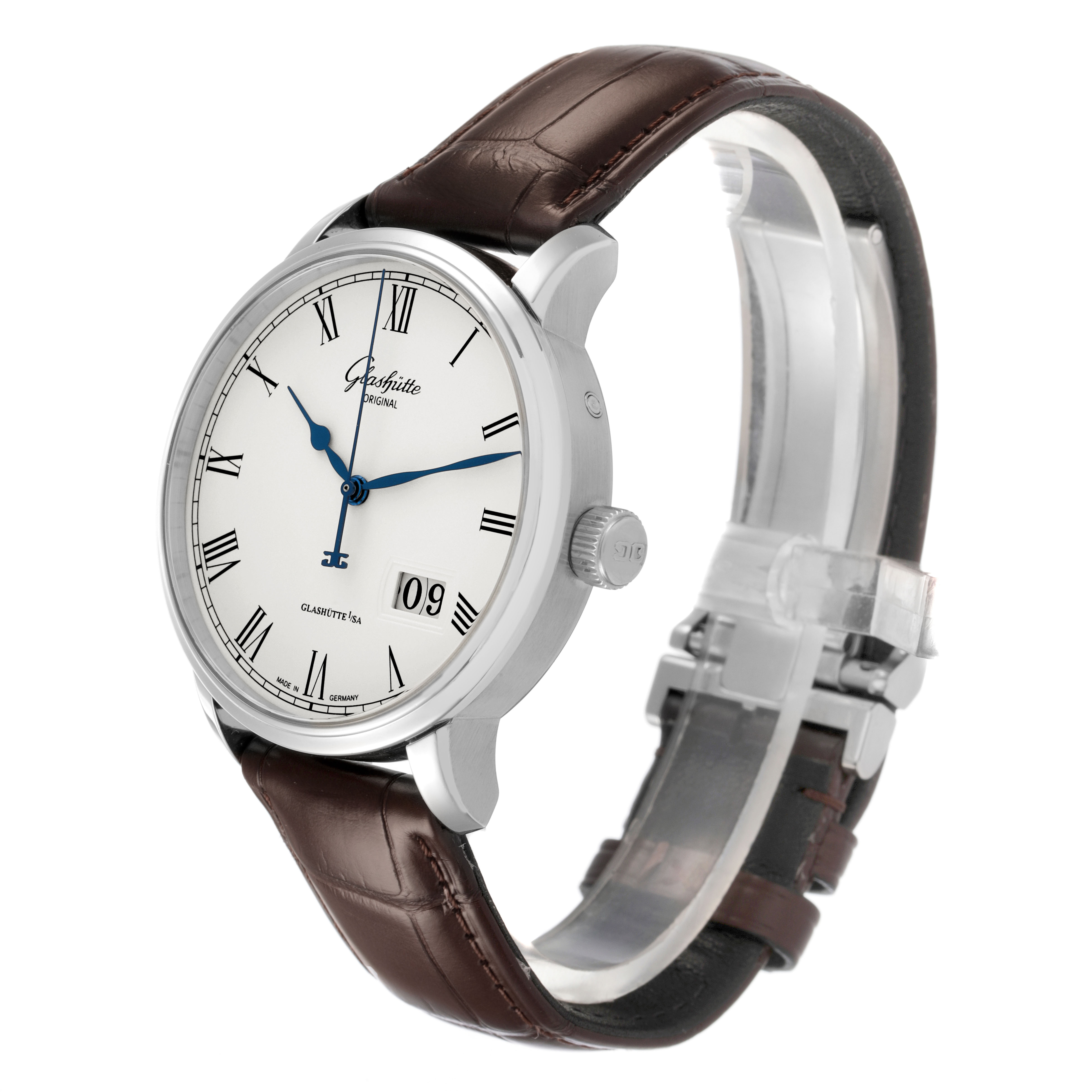 The watch, Glashütte Senator model, is shown at a three-quarter angle highlighting the face, brown leather strap, and side profile.