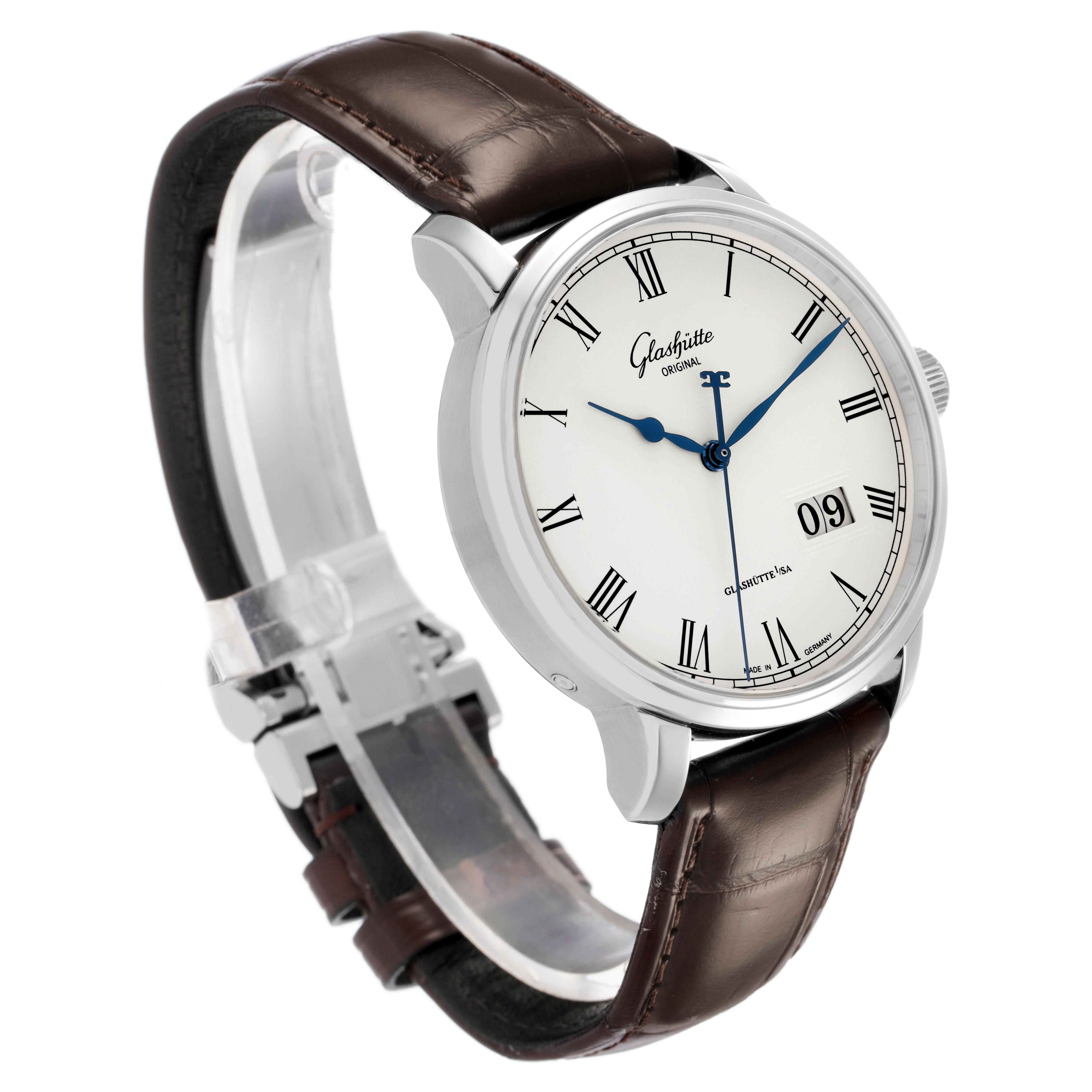 The image shows a Glashütte Senator watch at a slight right-side angle, highlighting the dial, bezel, strap, and clasp.