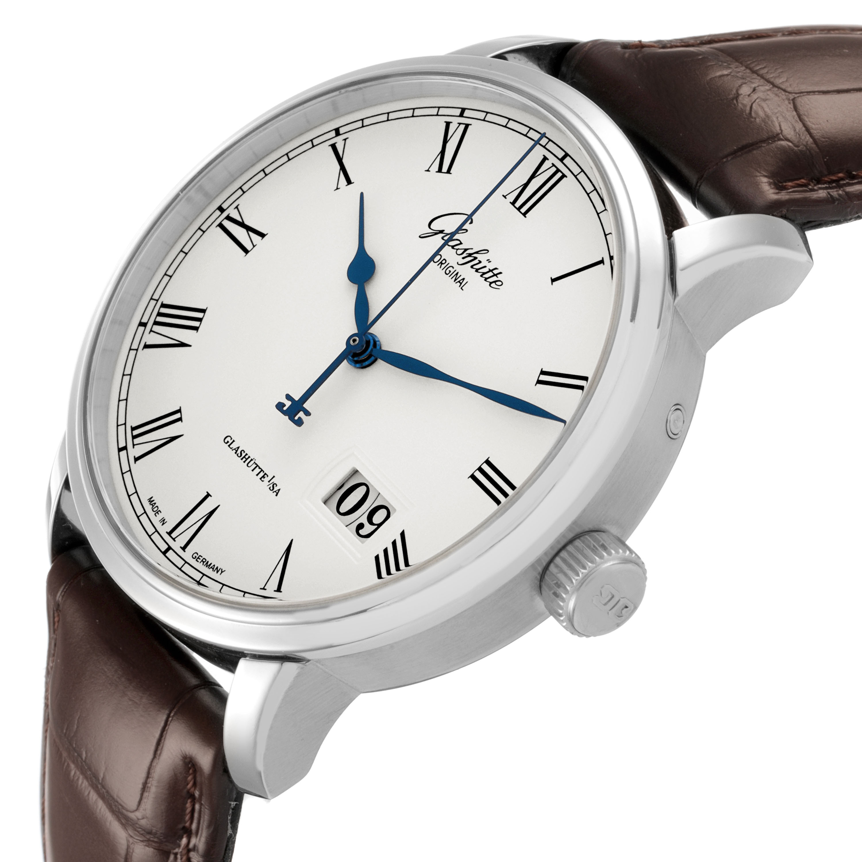 The Glashütte Senator watch is shown at a slight angle highlighting its face, Roman numerals, blue hands, and crown.