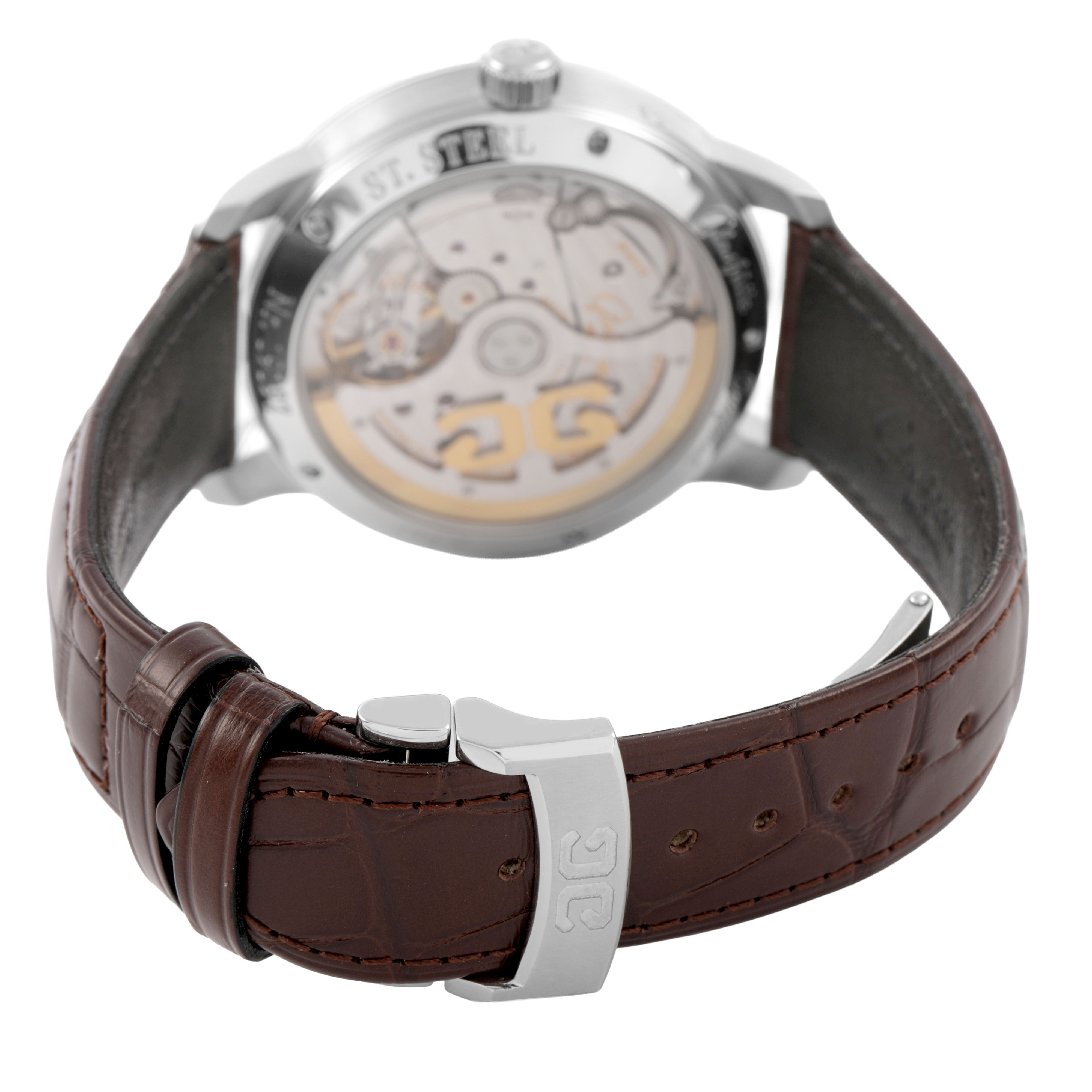 The Glashütte Senator model is shown from the back, highlighting its movement and brown leather strap.