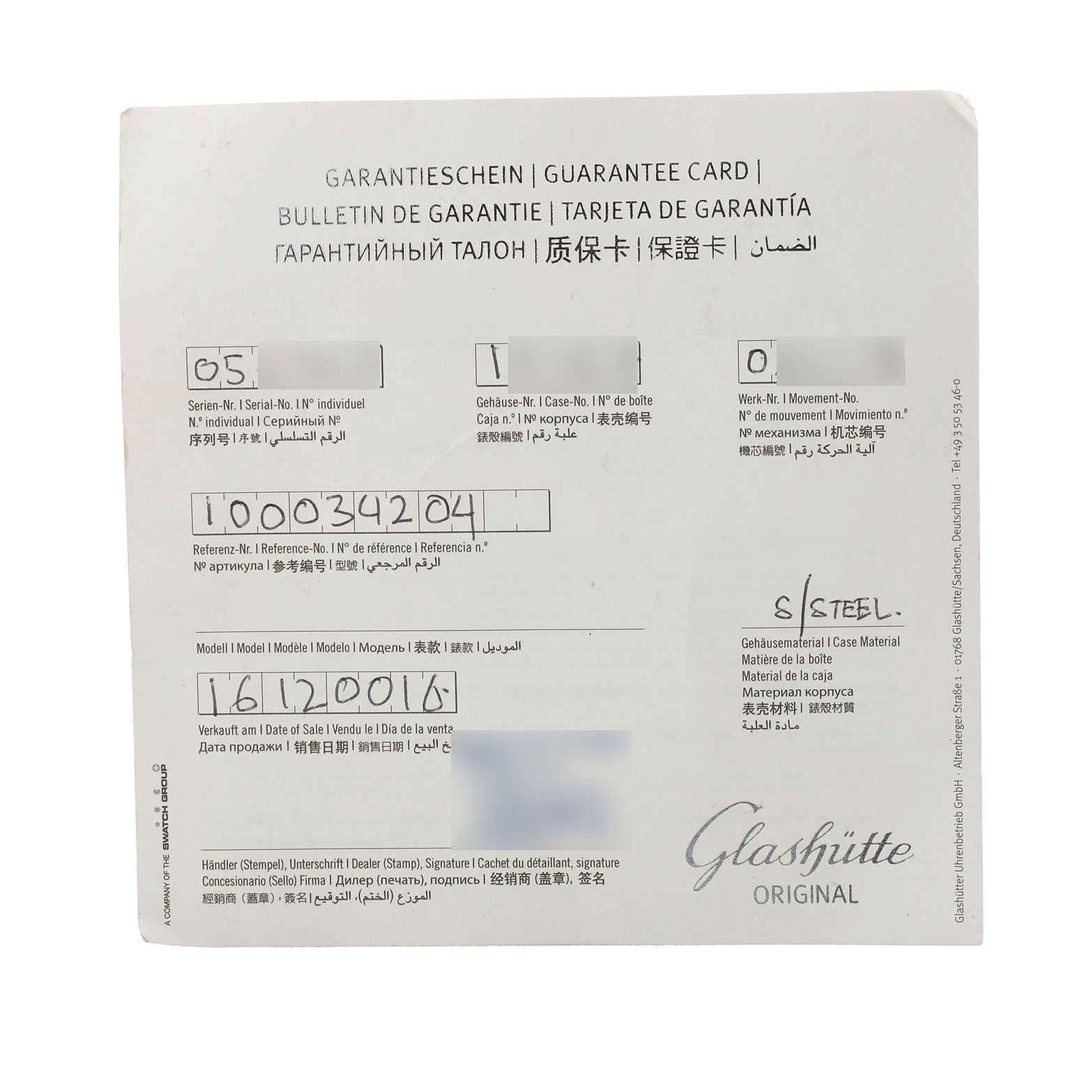 The image shows a guarantee card for a Glashütte Senator watch, detailing serial numbers and materials.