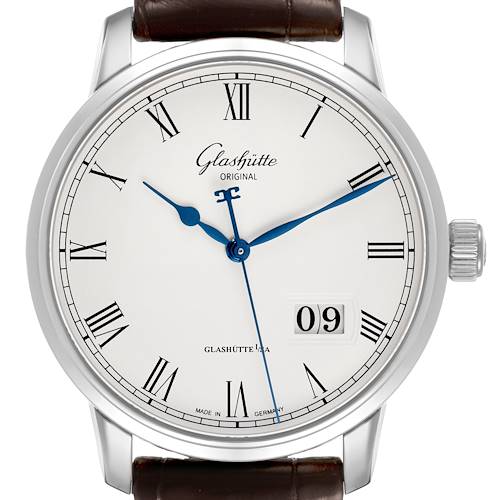 The Glashütte Senator watch is shown in a front view, displaying the dial, blue hands, Roman numerals, and date window.