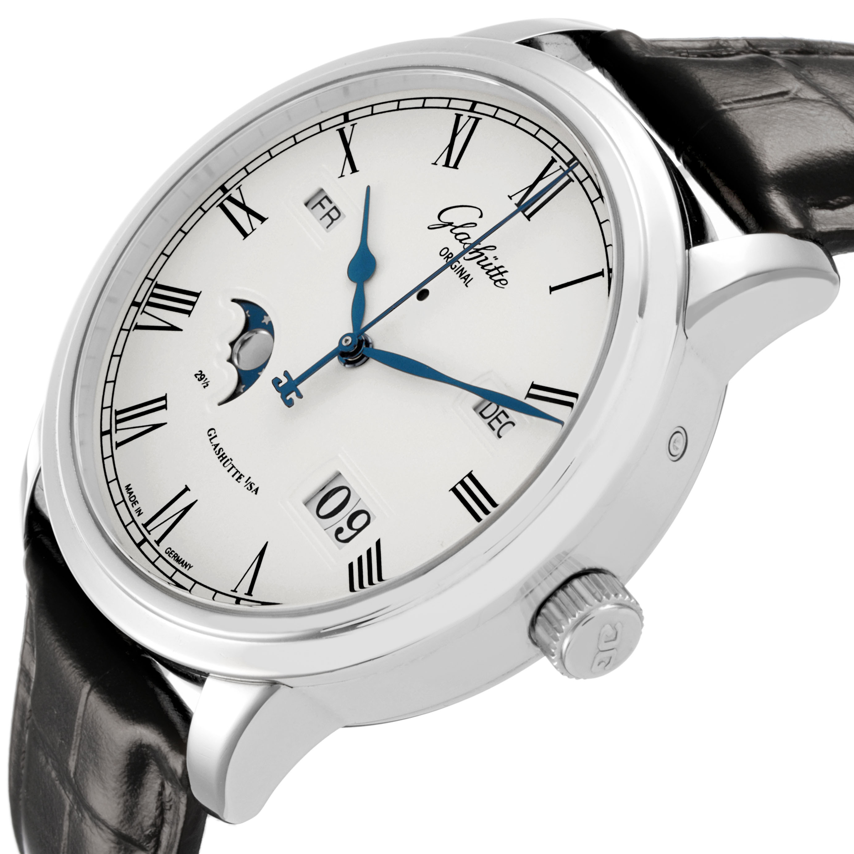 The Glashütte Original model is shown at an oblique angle, highlighting the face, crown, and part of the leather strap.
