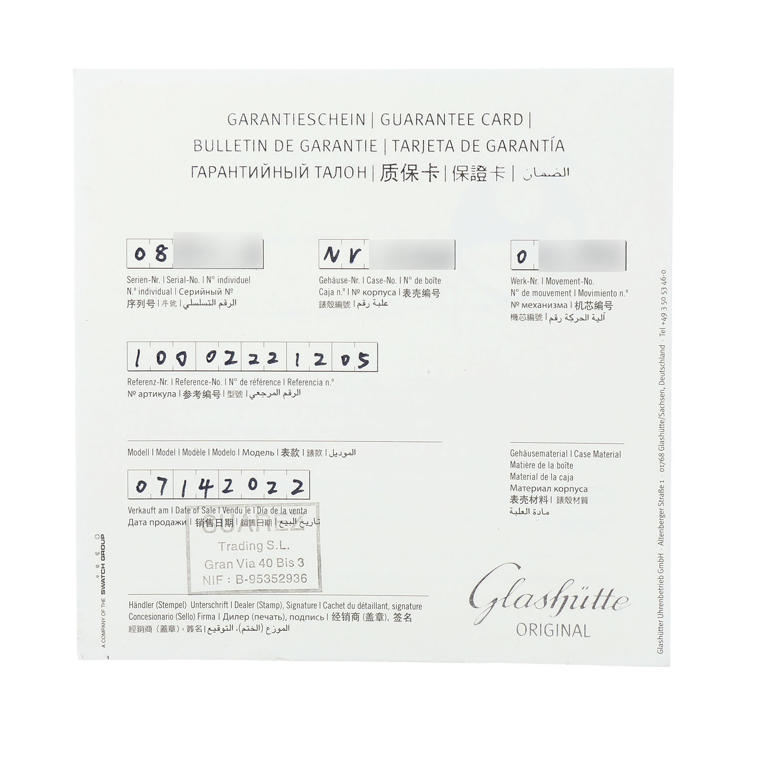 The image shows a warranty card for a Glashütte Original watch, detailing serial, case, movement numbers, and sale date.