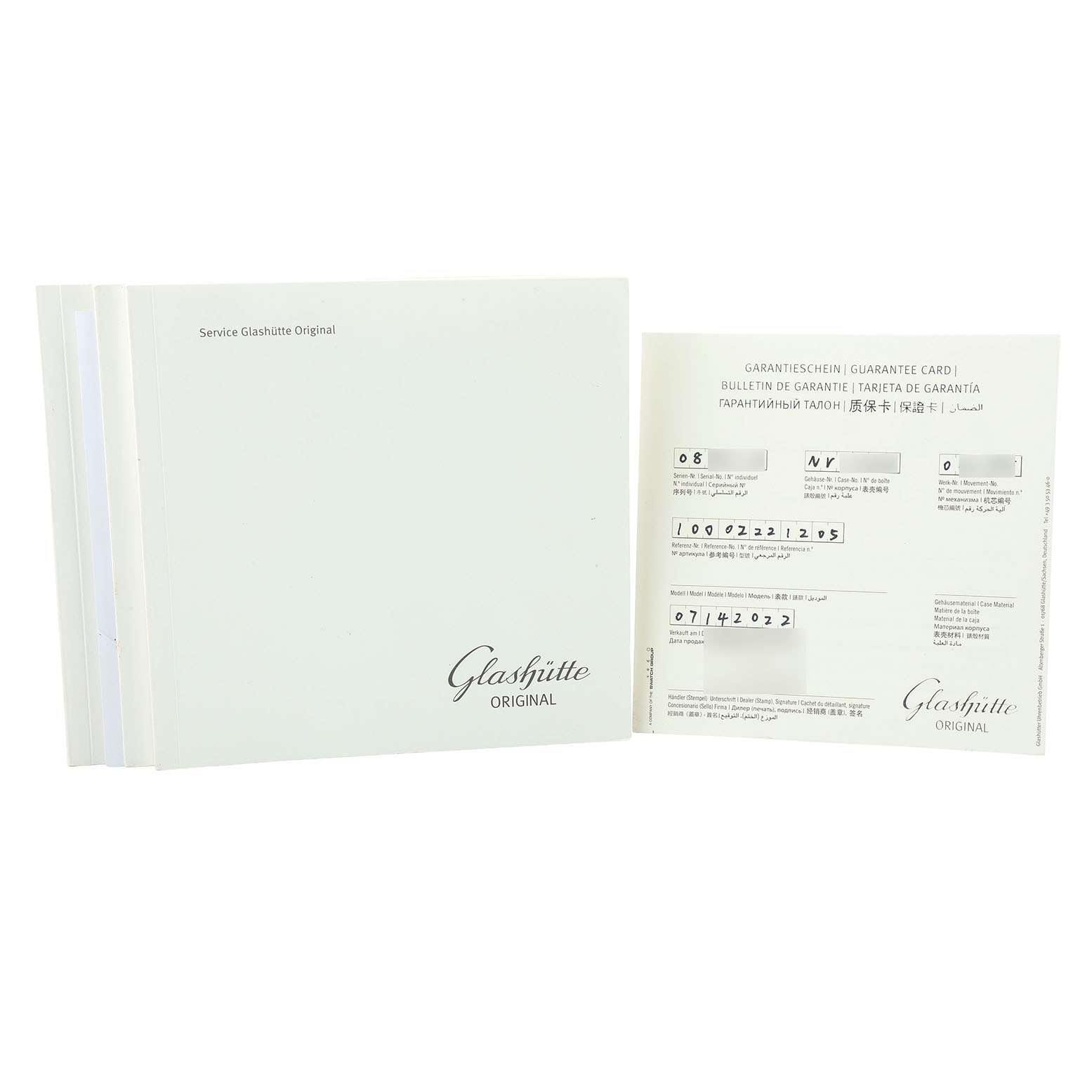 The image shows the warranty card and service booklet for the Glashütte Original model.