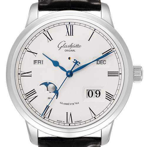 The image shows a frontal view of the Glashütte Original watch, highlighting its dial, hands, date, and moon phase.