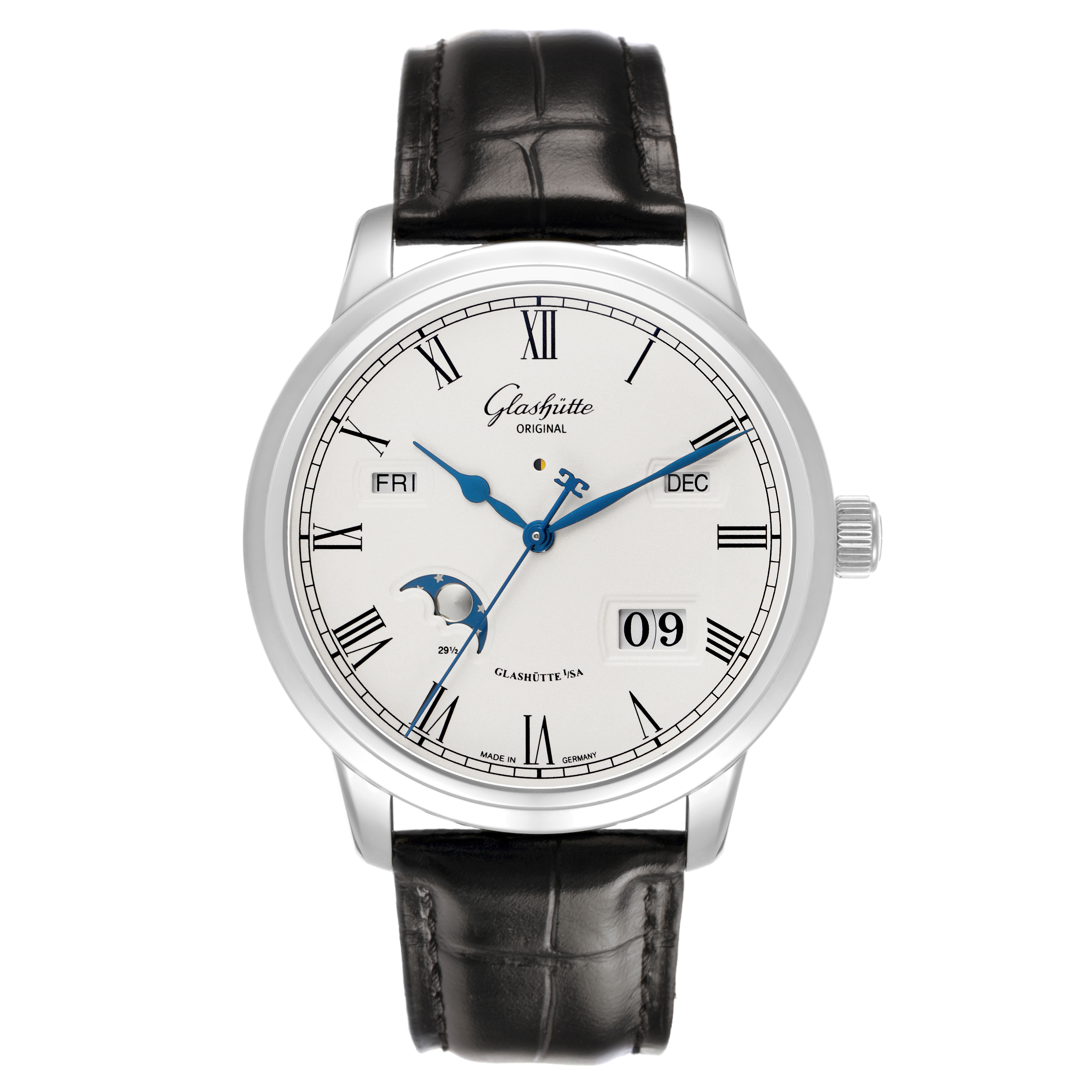 The Glashütte Original model is shown from the front, displaying the dial, hands, date, and moon phase indicators.