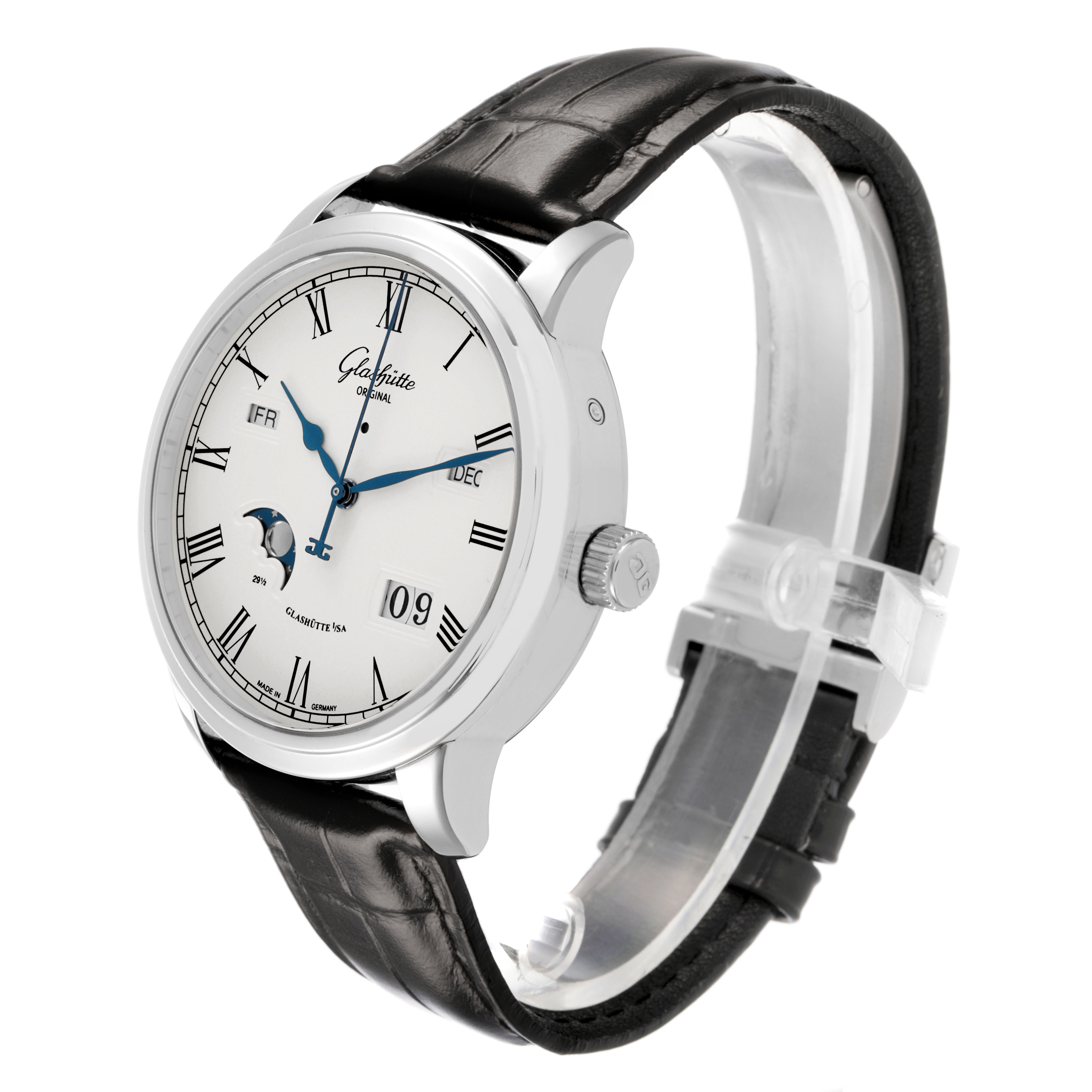 The Glashütte Original model is shown at a three-quarter angle displaying the watch face, crown, and leather strap.