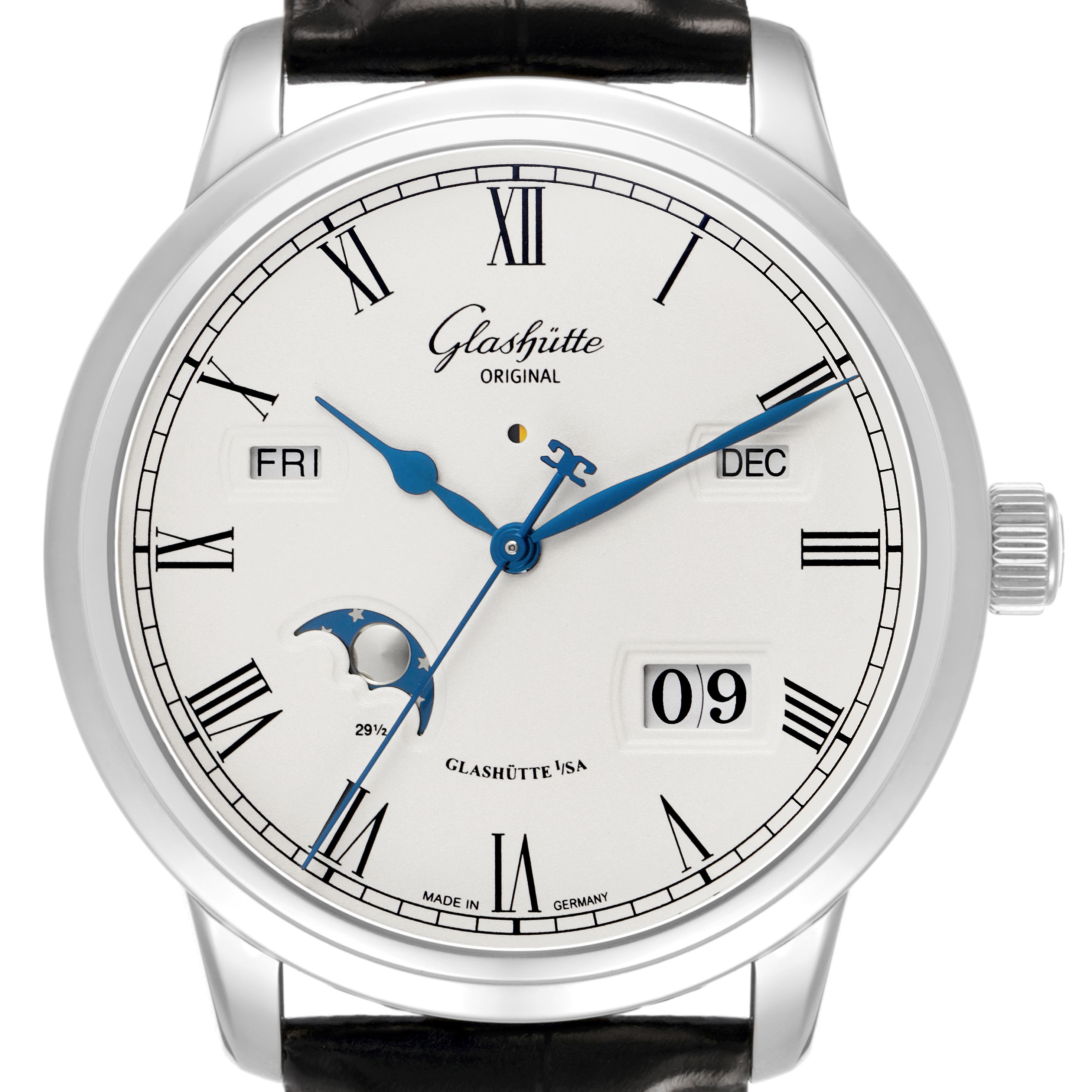 The Glashütte Original model is shown from the front, displaying the face, Roman numerals, date, day, month, and moon phase.