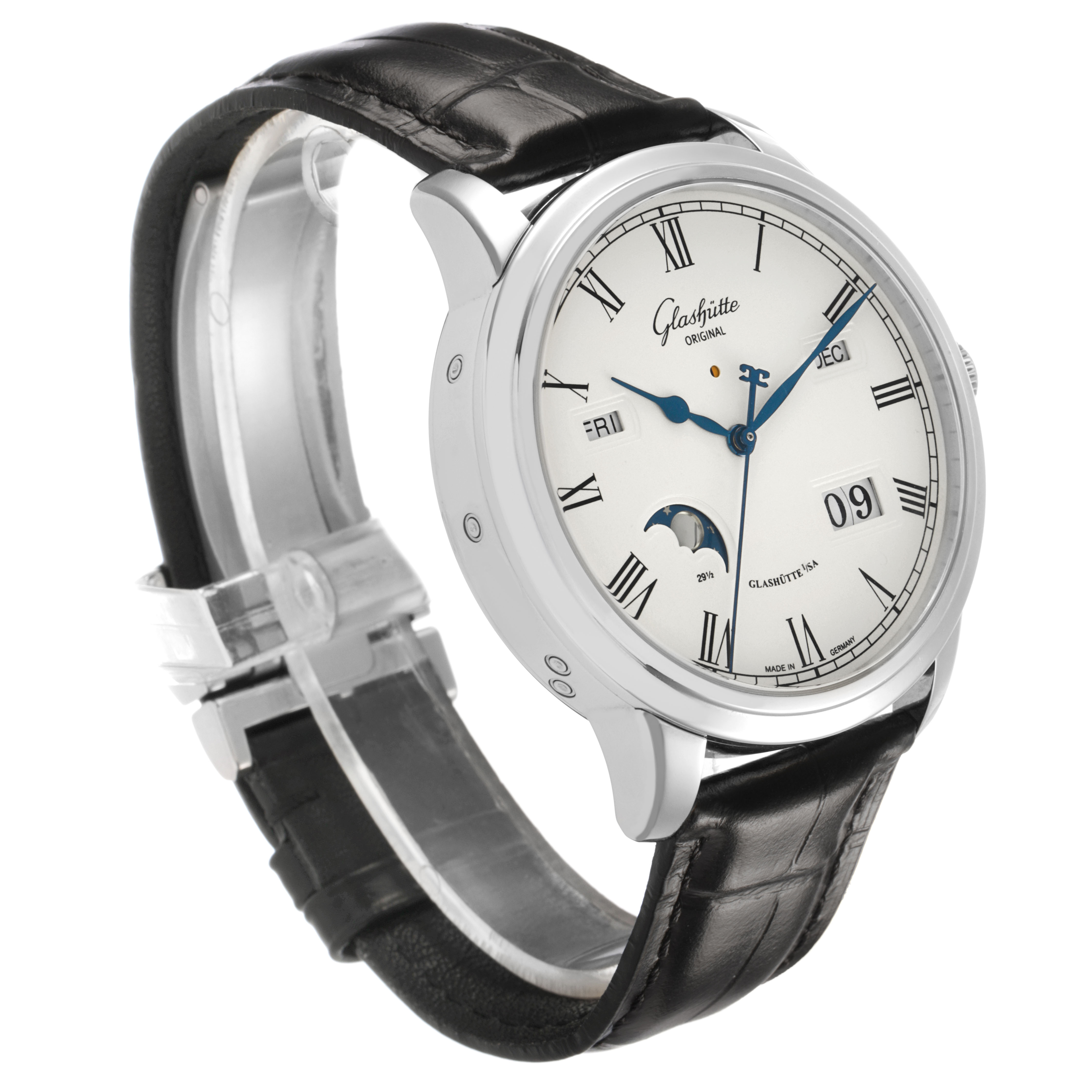 The Glashütte Original watch is shown at an angle displaying the face, dial, and black leather strap.