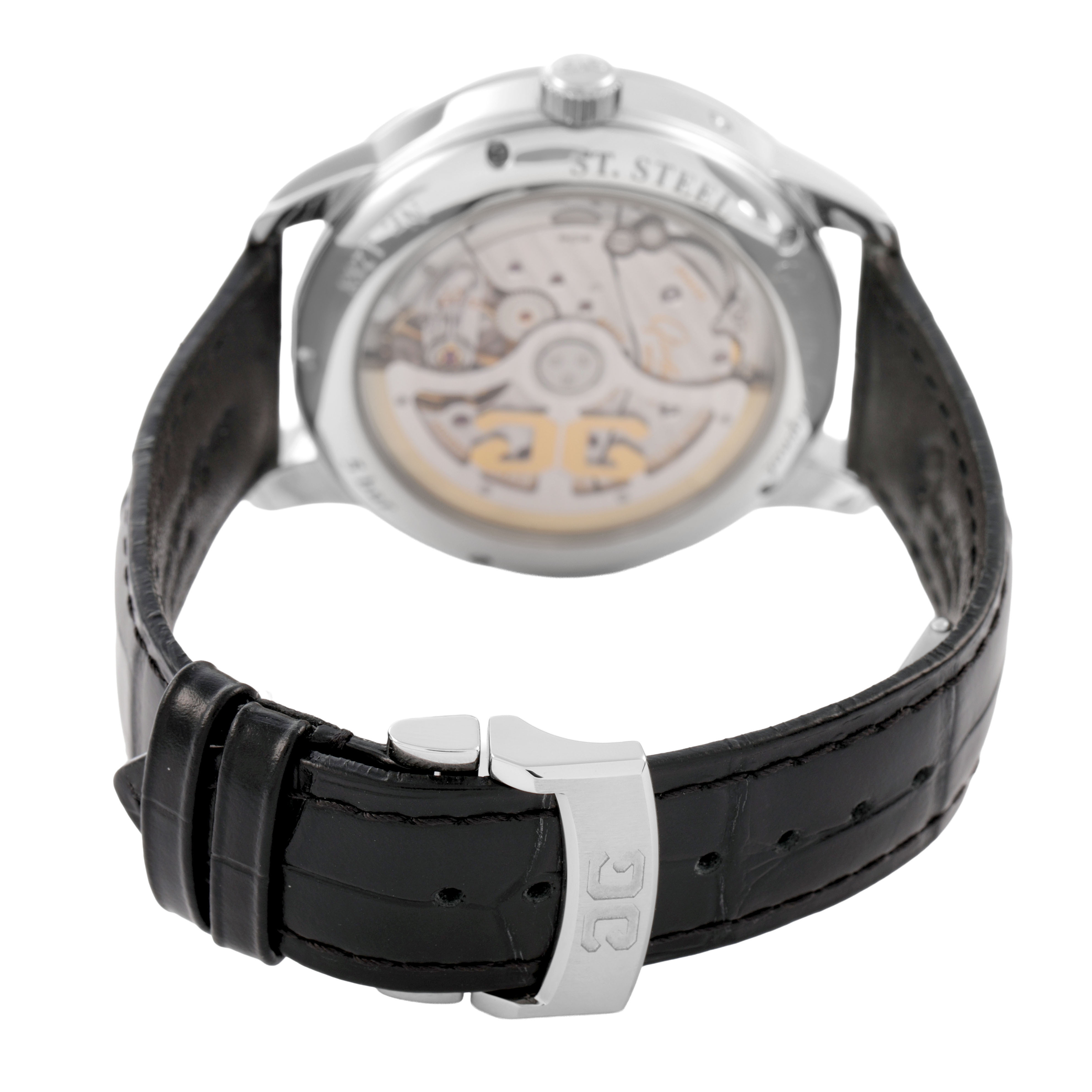 The image shows the back and clasp of the Glashütte Original watch, highlighting the movement and leather strap.