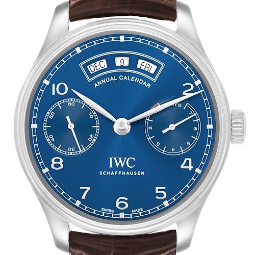 The IWC Portuguese IW503502 Men's Stainless Steel Blue Dial watch is shown from the front, featuring a blue dial, subdials, and an annual calendar display.