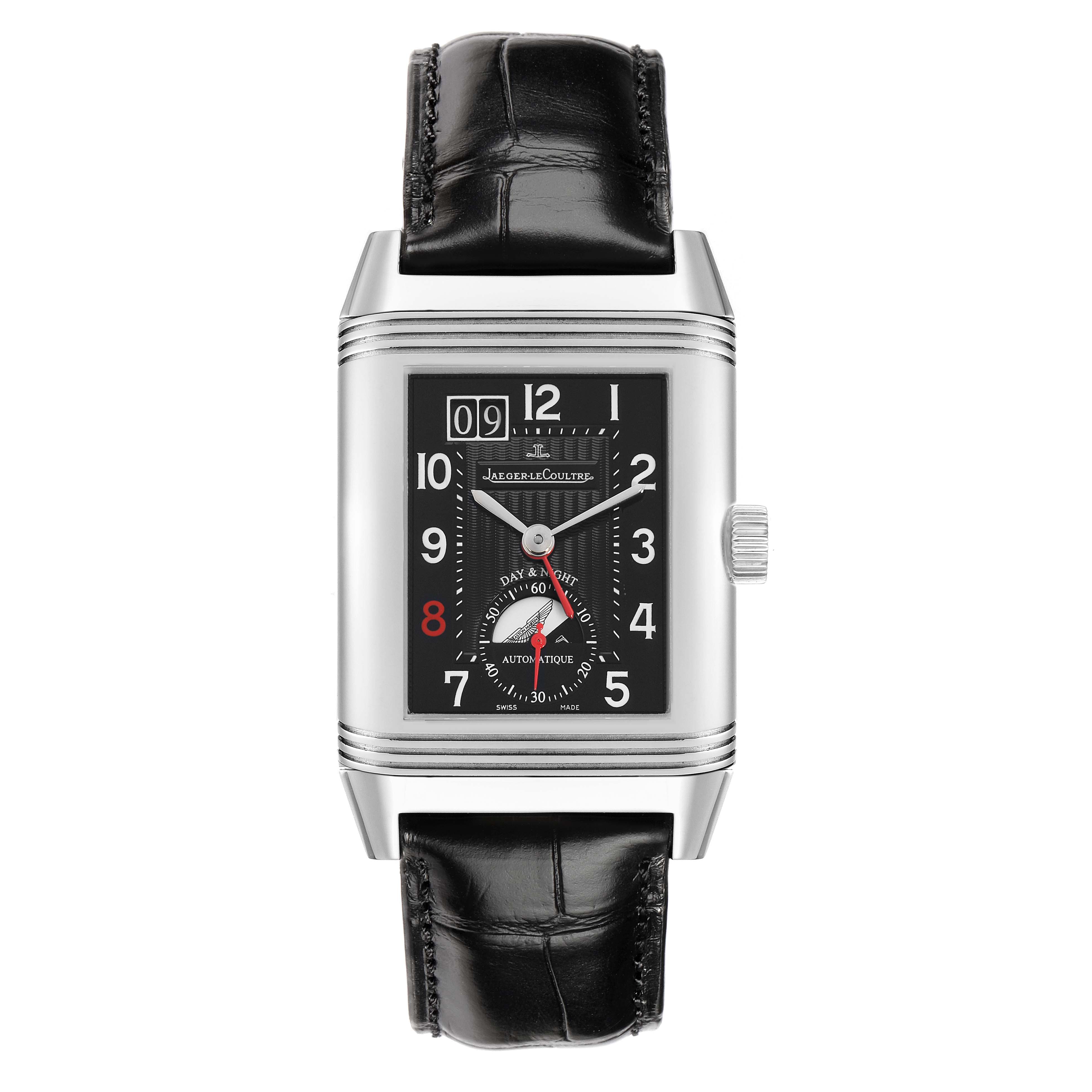 The Jaeger LeCoultre Reverso Q303847A Men
s Stainless Steel Black Dial watch is shown from a front angle, displaying its rectangular face, dial, and black leather strap.
