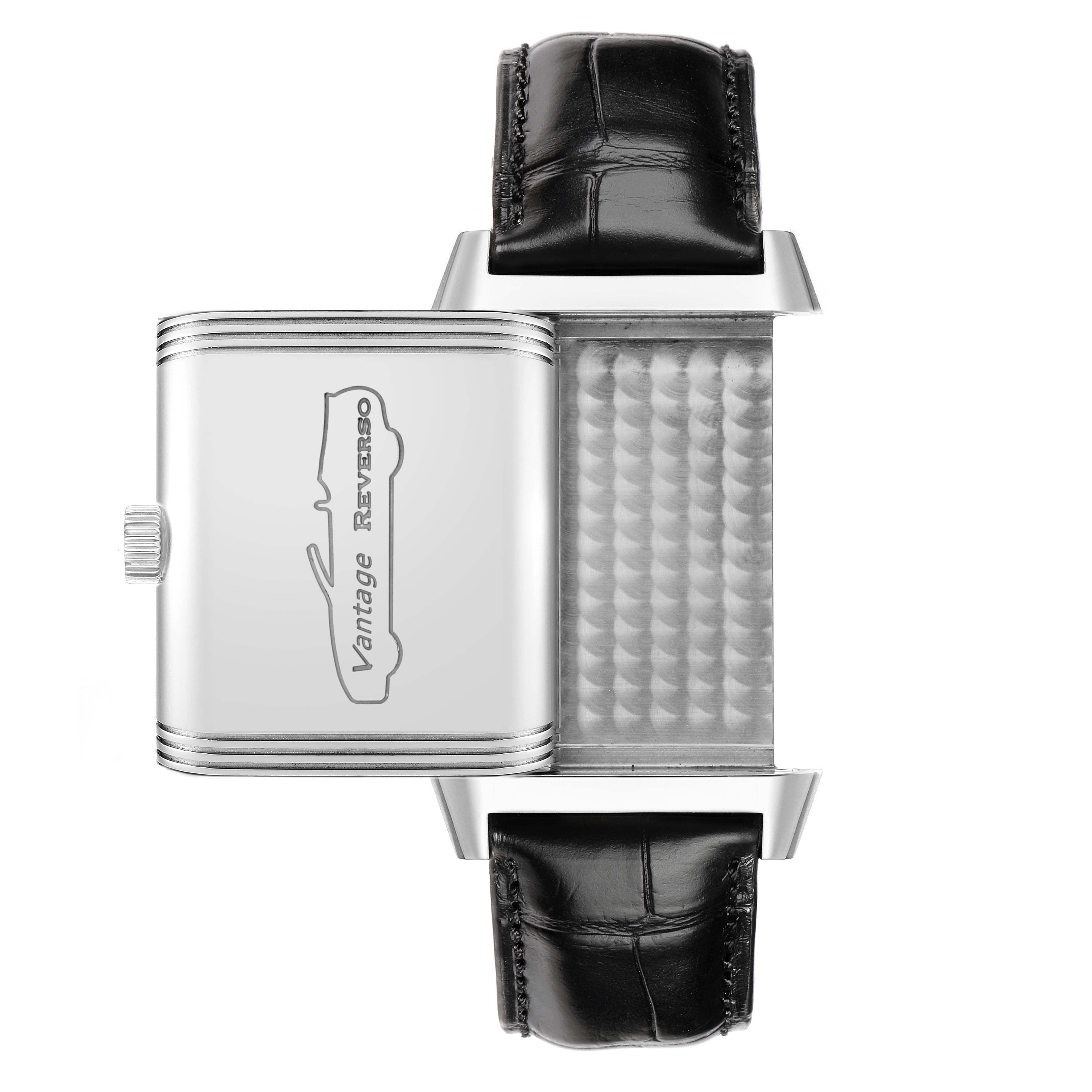 This image shows the Jaeger-LeCoultre Reverso watch from a top view, highlighting its swiveling case and strap connection.