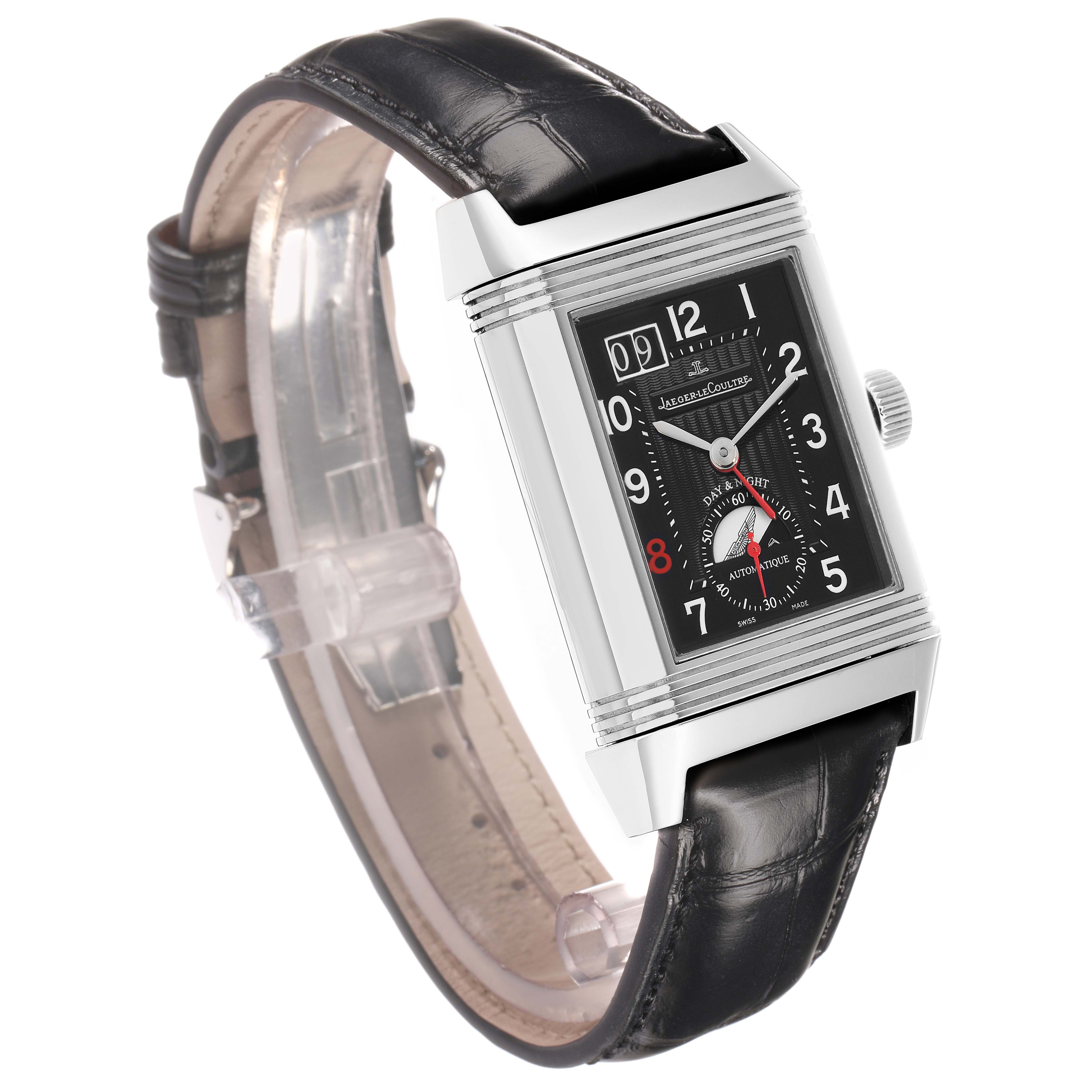 The Jaeger-LeCoultre Reverso watch is shown at an angled view, highlighting the rectangular case, dial, strap, and crown.
