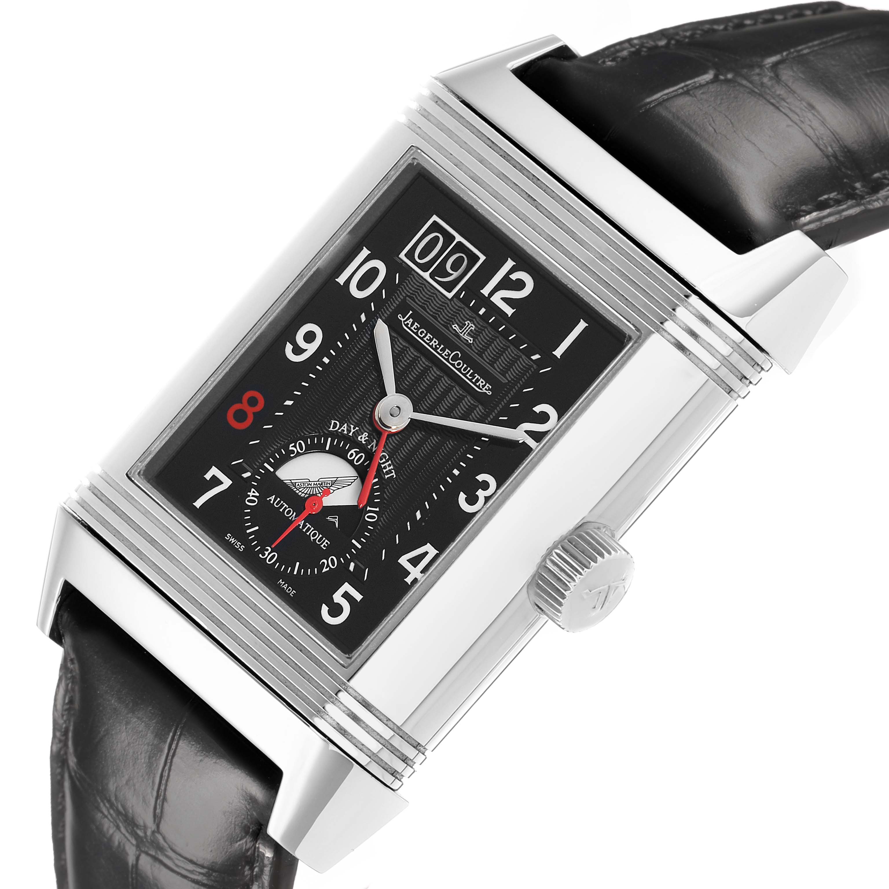 The Jaeger-LeCoultre Reverso watch is shown at a slight angle, highlighting the face, crown, and strap.