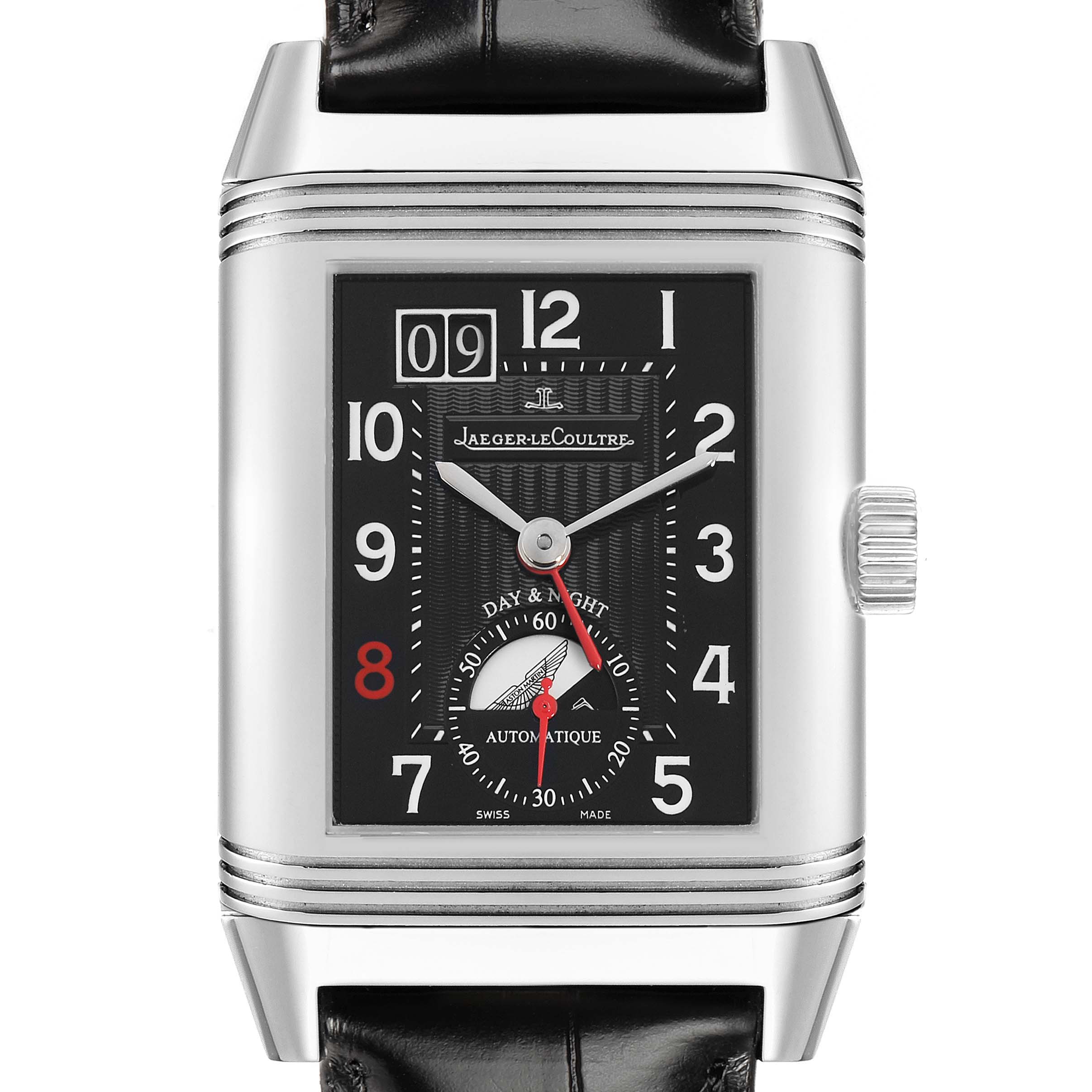 The Jaeger-LeCoultre Reverso watch is shown from the front, displaying the face, dial, case, crown, and part of the strap.