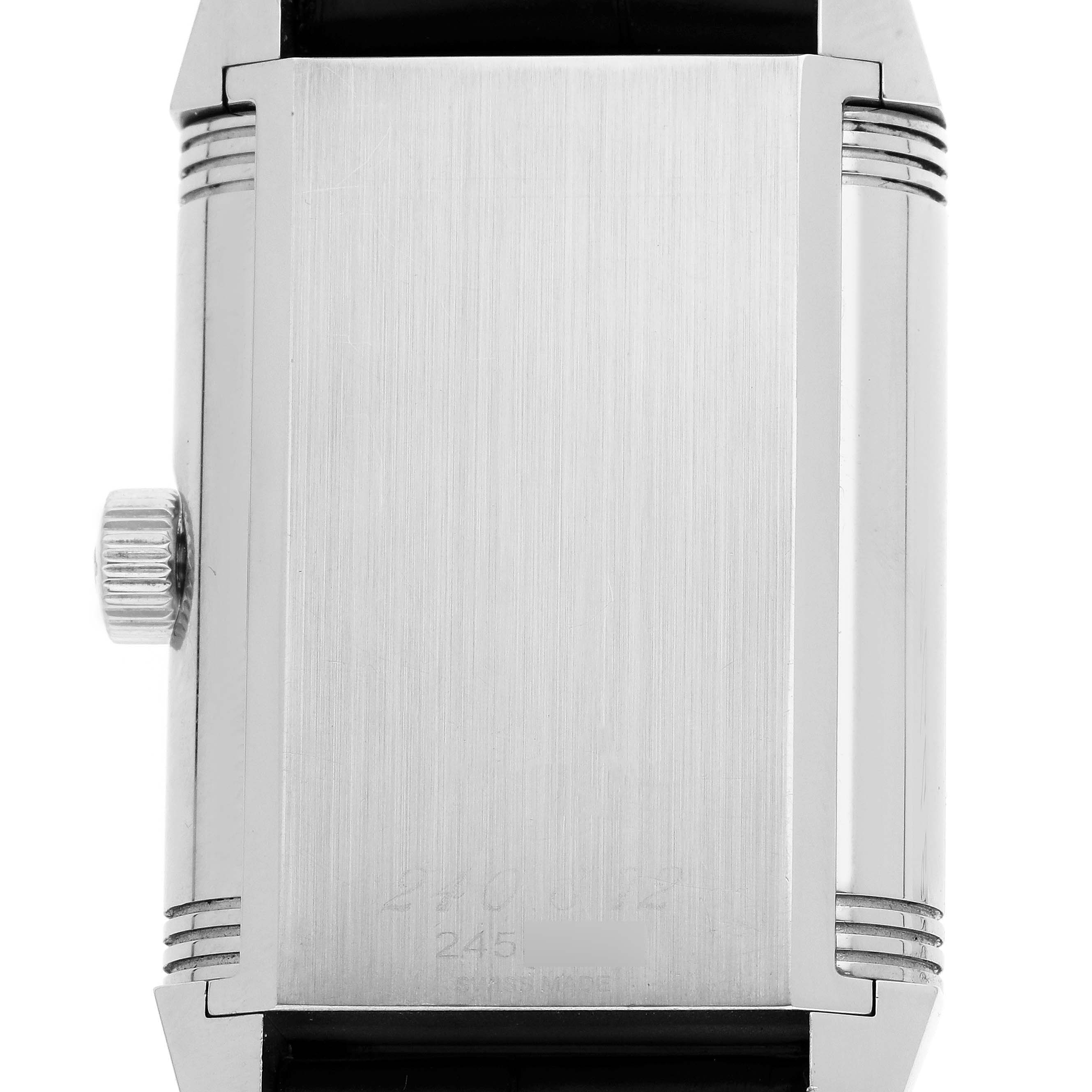 The image shows the back of a Jaeger LeCoultre Reverso Q303847A Men
s Stainless Steel Black Dial watch, highlighting the case and crown from a straight-on angle.