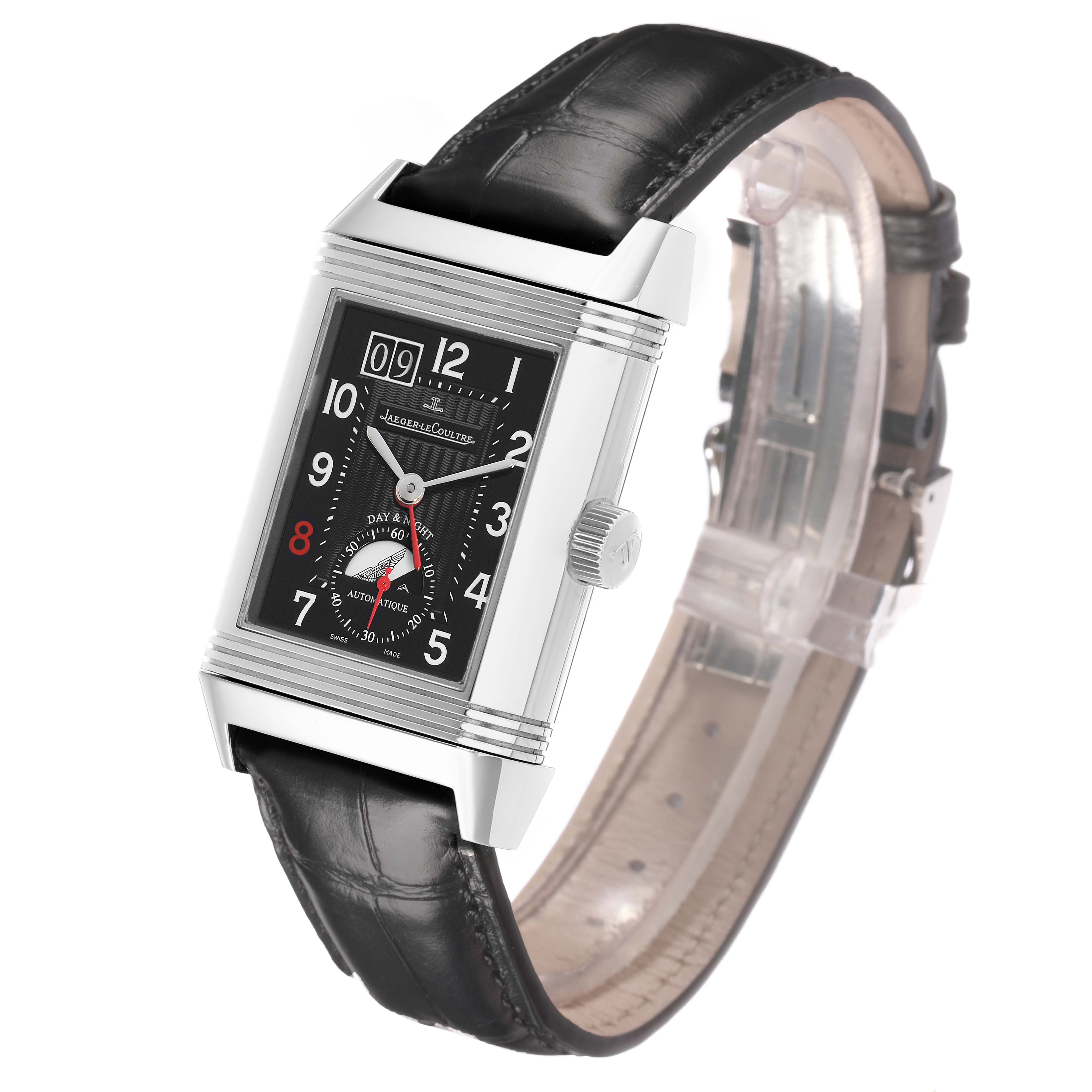 The Jaeger-LeCoultre Reverso watch is shown at a slight angle, highlighting its rectangular face, dial, crown, and leather strap.
