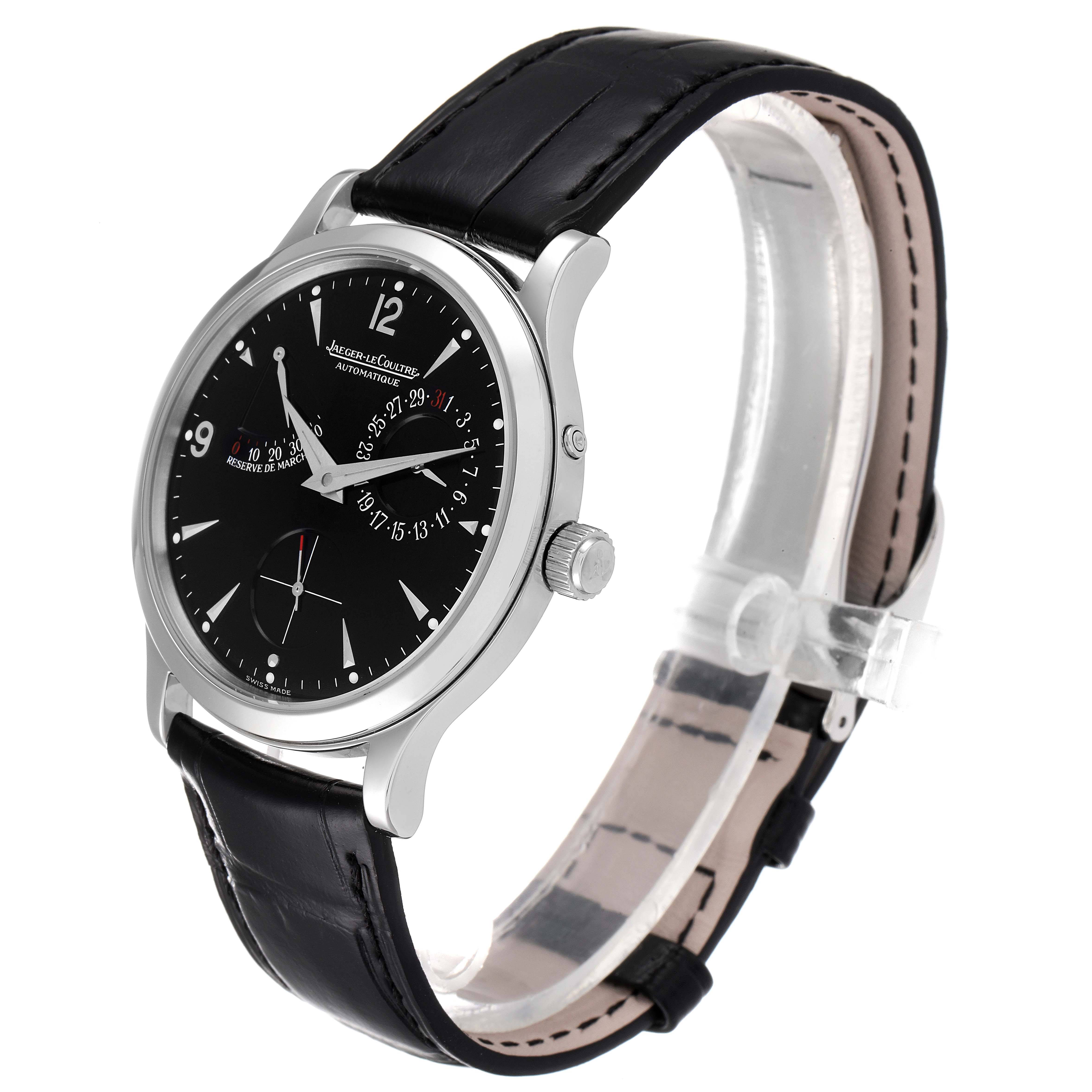 The image shows a Jaeger-LeCoultre Master model watch at a slight side angle, displaying the black dial, silver case, and leather strap.