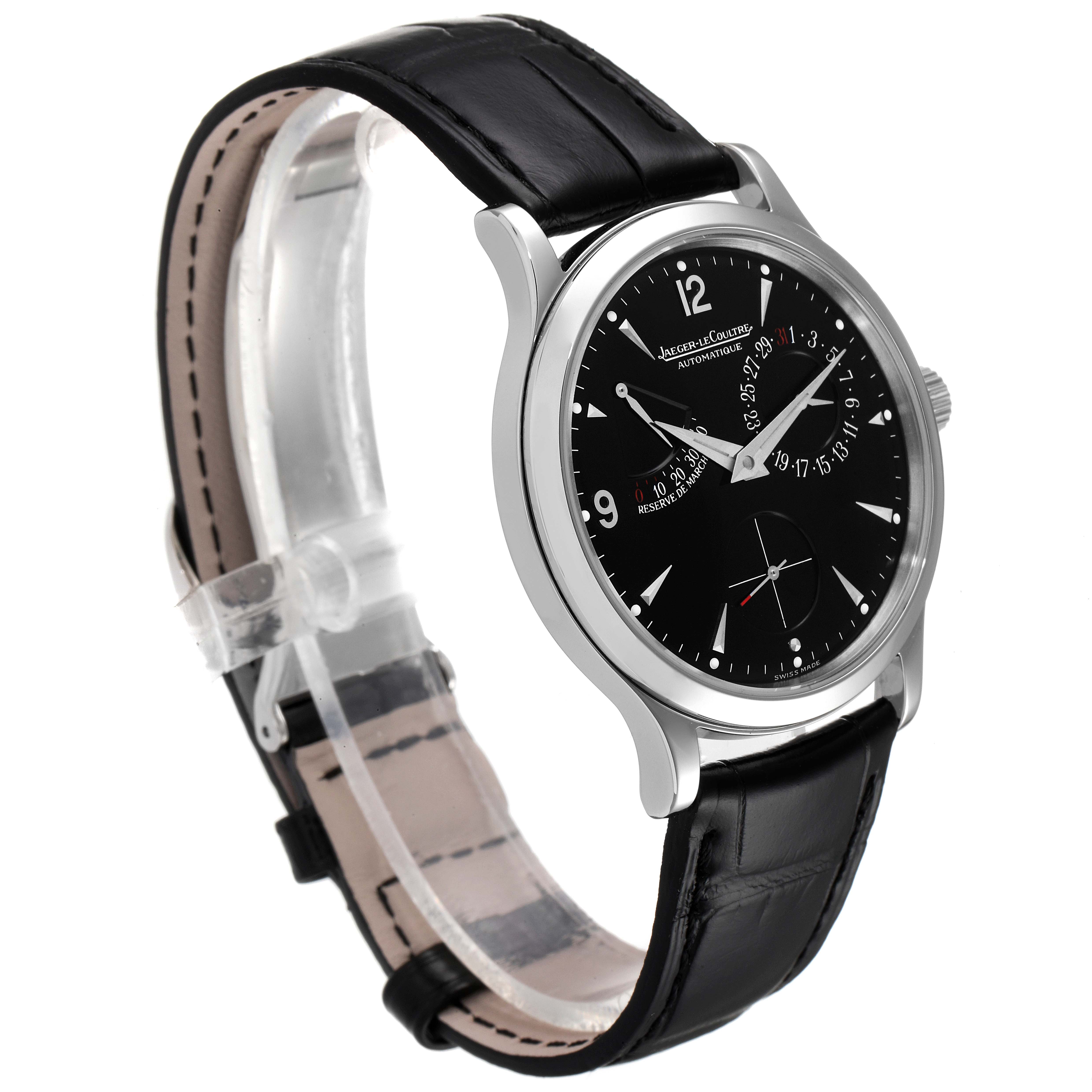 The image shows a side angle of the Jaeger LeCoultre Master Q1488470 Men's Stainless Steel Black Dial Q1488470 Men's Stainless Steel Black Dial model watch showcasing its face and black leather strap.