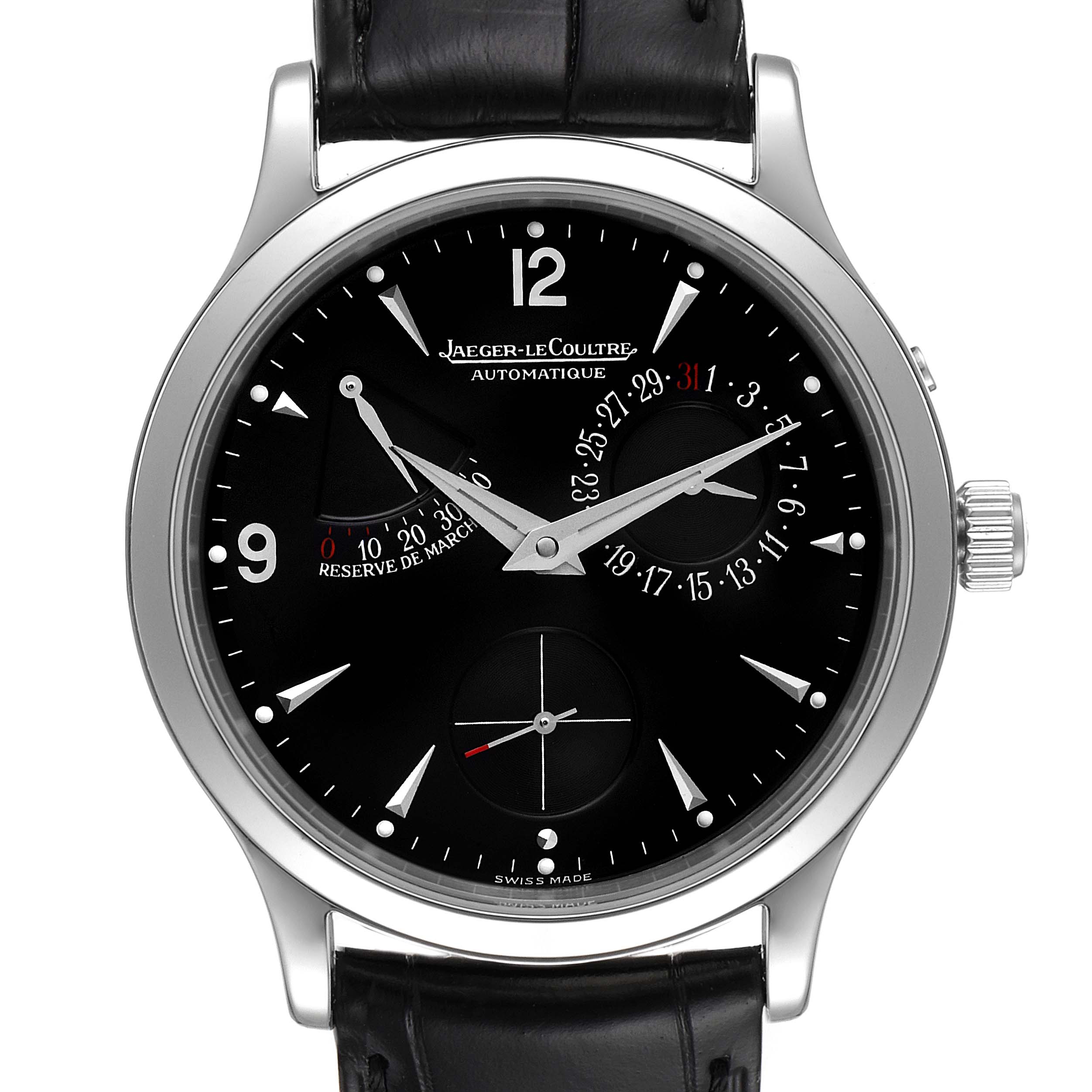 The Jaeger LeCoultre Master Q1488470 Men's Stainless Steel Black Dial Q1488470 Men's Stainless Steel Black Dial watch is shown from the front, displaying its face, hands, and strap.