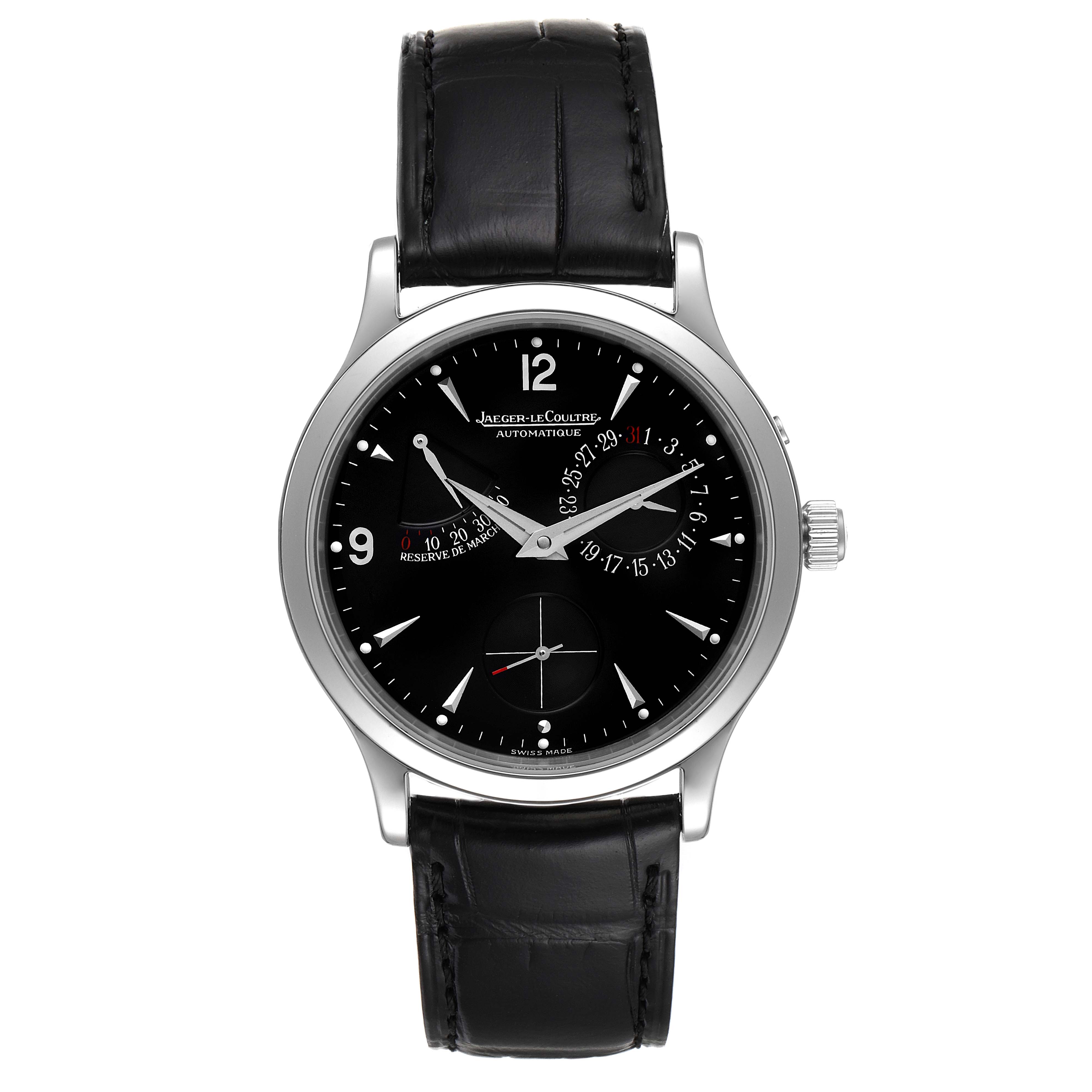 This image shows a front view of the Jaeger-LeCoultre Master watch, including its black dial, hour markers, and leather strap.
