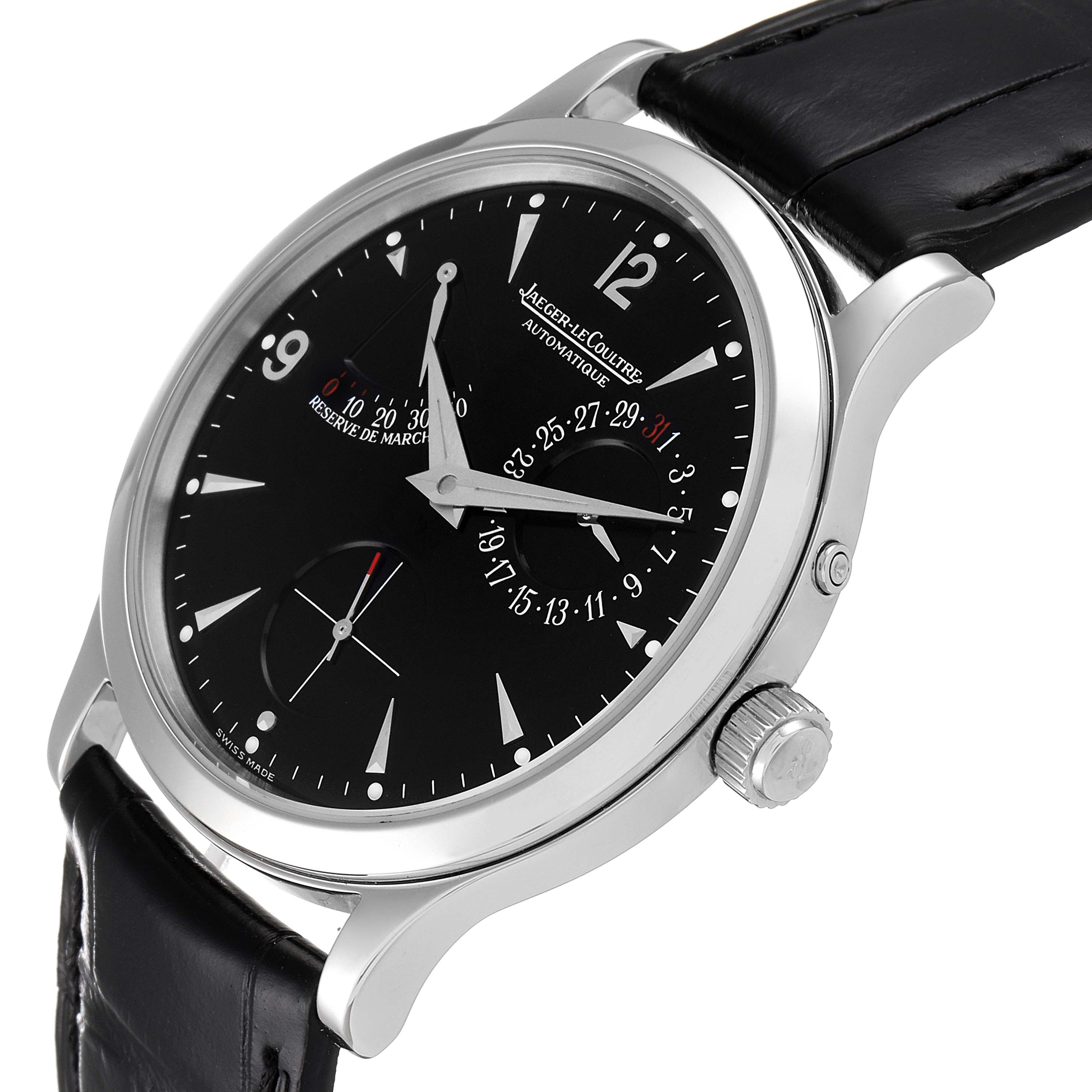 The image shows a Jaeger-LeCoultre Master model watch at a slight upper-side angle, highlighting its black dial and leather strap.