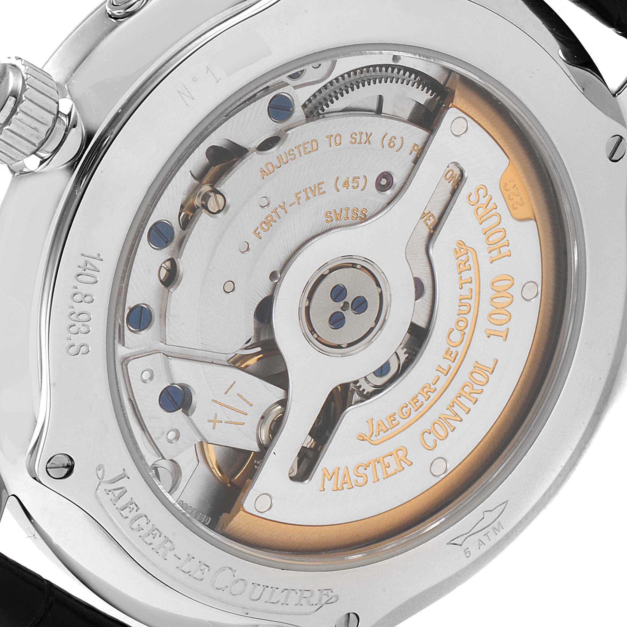 The image shows the back angle of the Jaeger-LeCoultre Master model, displaying its intricate movement and engravings.