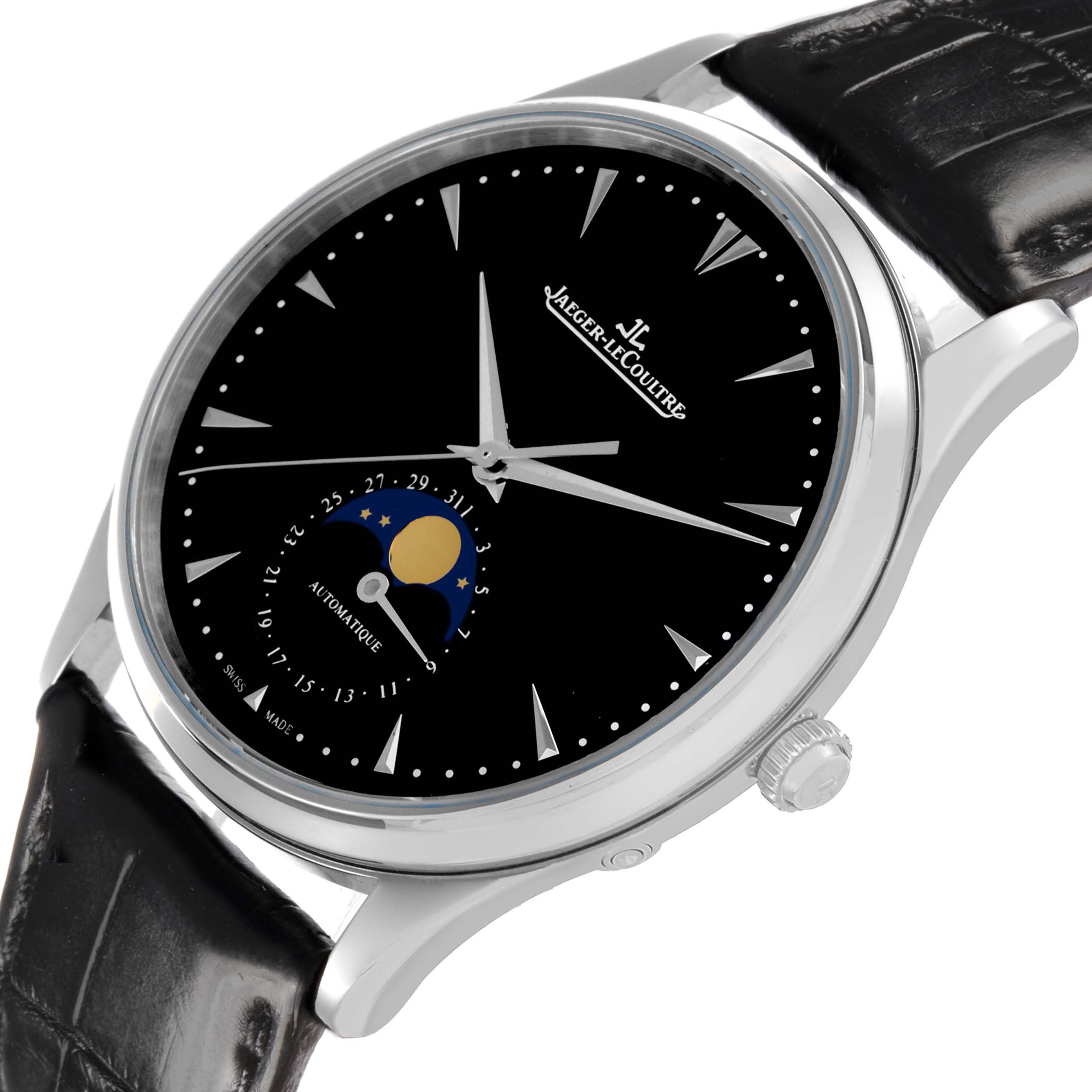 The Jaeger LeCoultre Master Q1368470 Men's Stainless Steel Black Dial watch is shown from a side angle, featuring its black dial, moonphase, and leather strap.